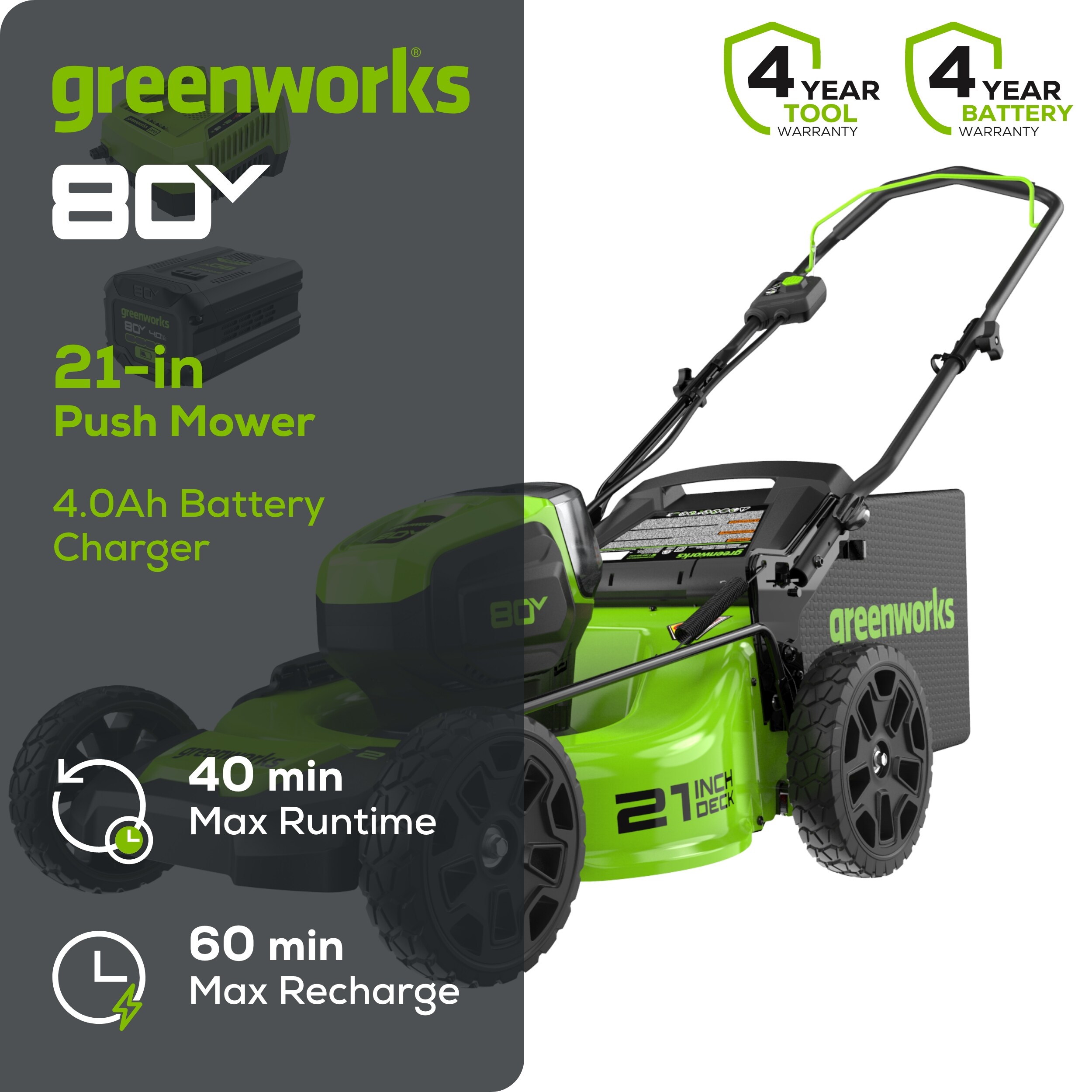 Greenworks 80-volt Max 21-in Cordless Push Lawn Mower 4 Ah (1-Battery and Charger Included)