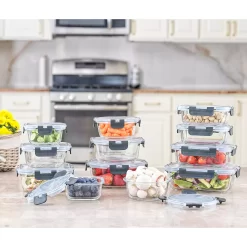 JoyJolt 24-Piece Glass Storage Containers with Leakproof Lids Set - Black
