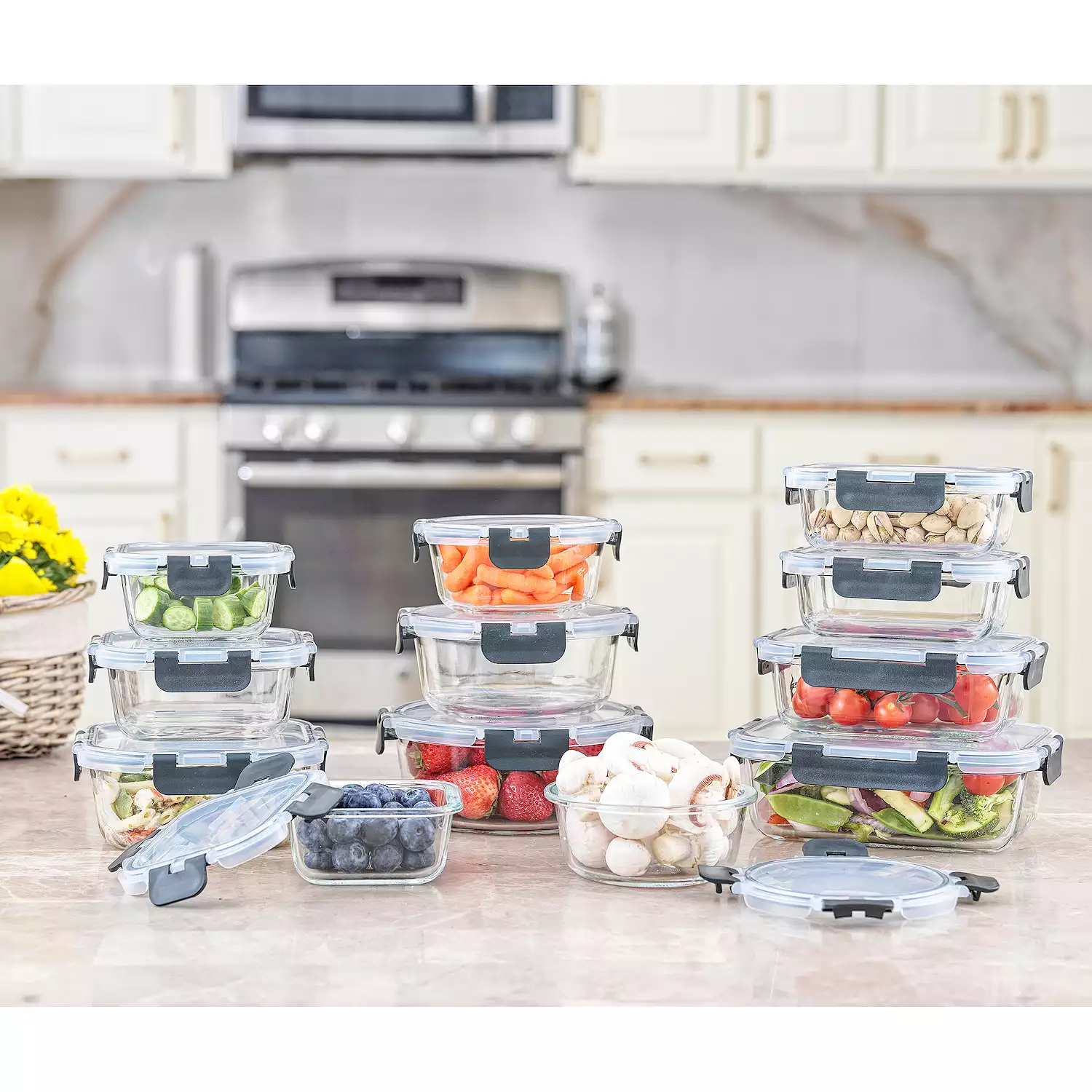 JoyJolt 24-Piece Glass Storage Containers with Leakproof Lids Set - Black