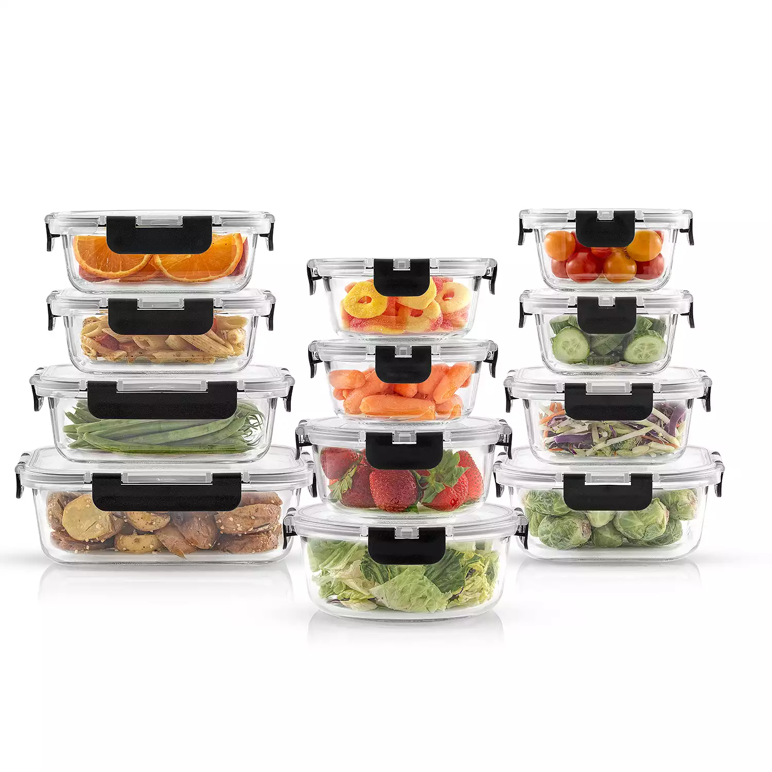 JoyJolt 24-Piece Glass Storage Containers with Leakproof Lids Set - Black