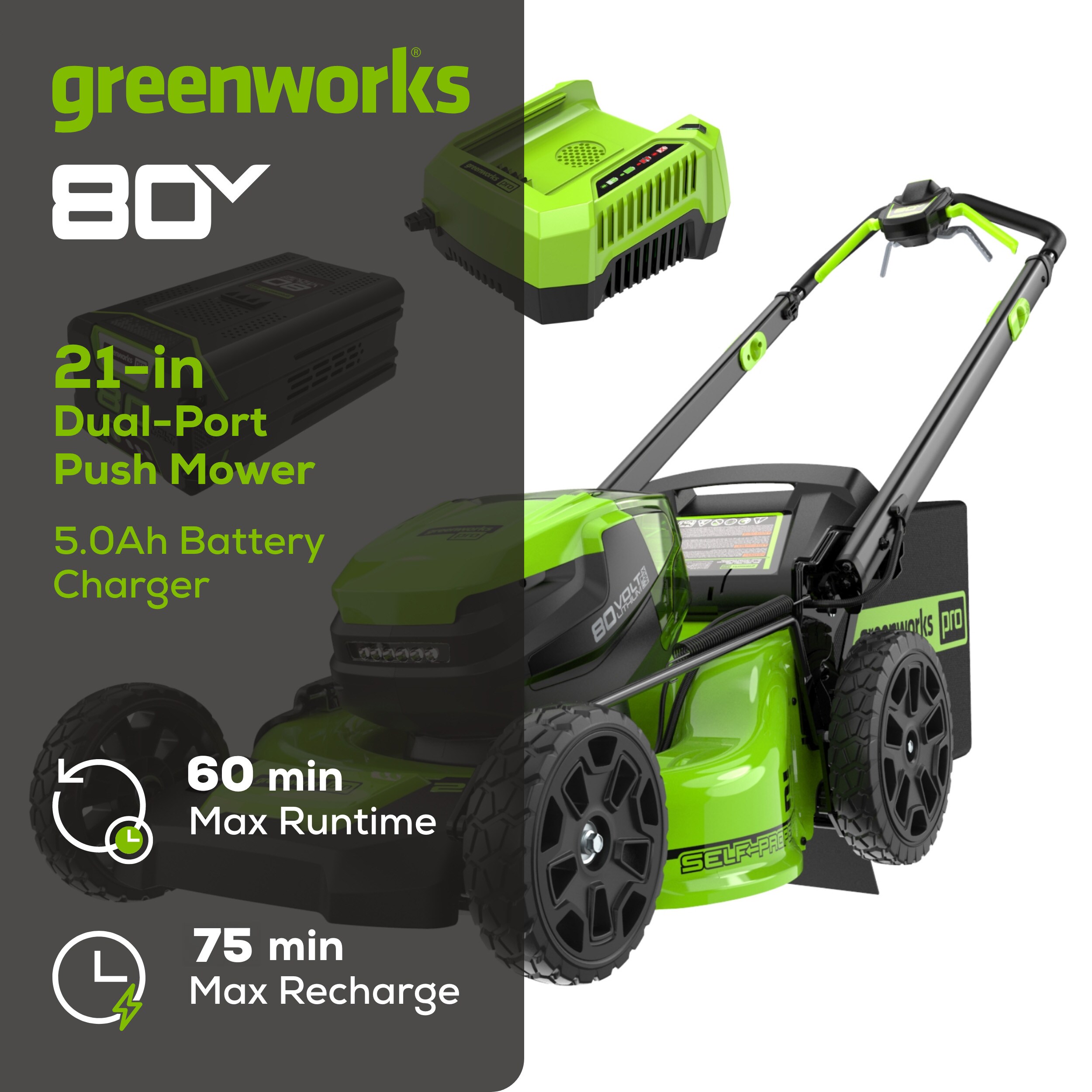Greenworks Pro 80-volt 21-in Cordless Self-propelled Lawn Mower 5 Ah (1-Battery and Charger Included)