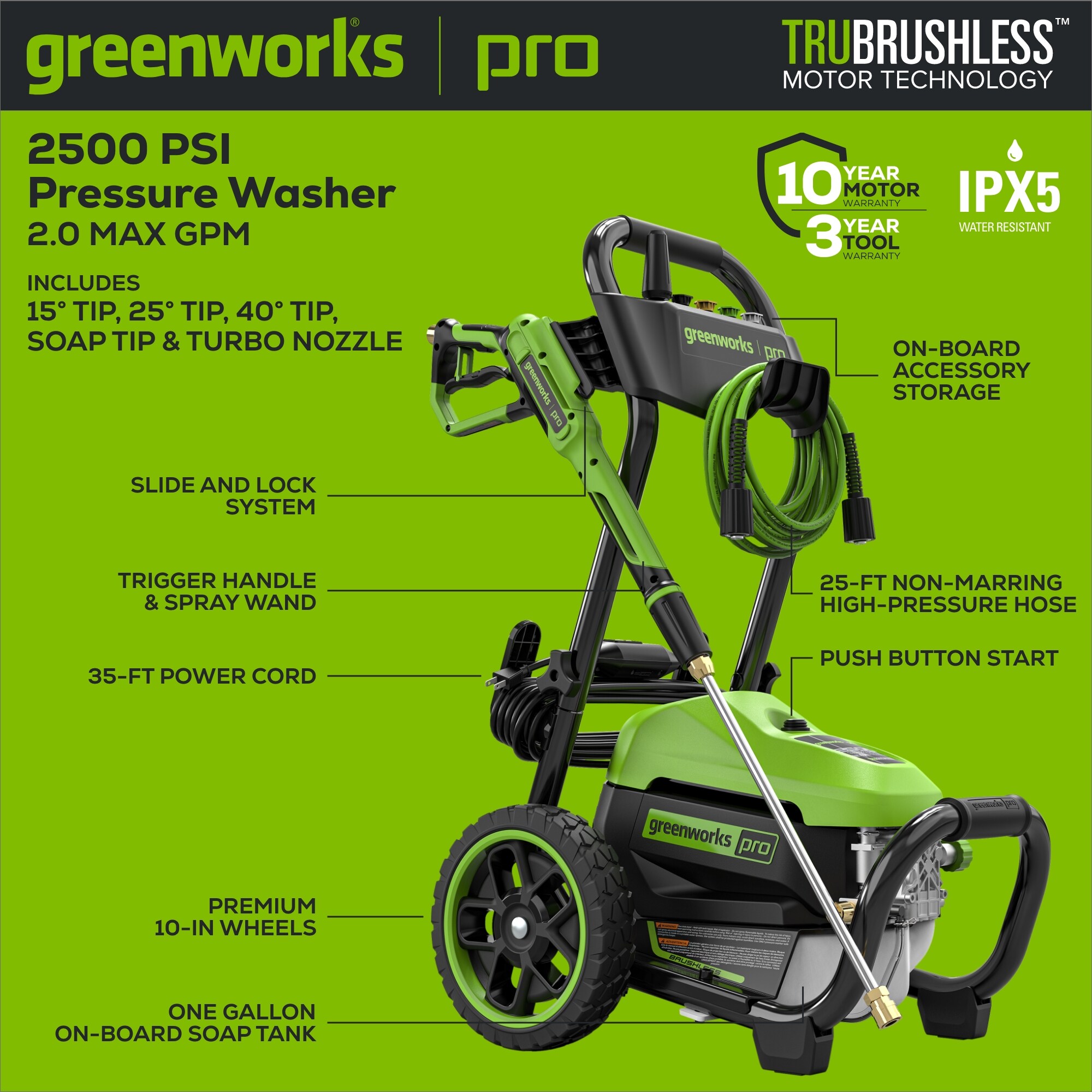 Greenworks 2500 PSI 2.3-GPM Cold Water Electric Pressure Washer with 5 Spray Tips