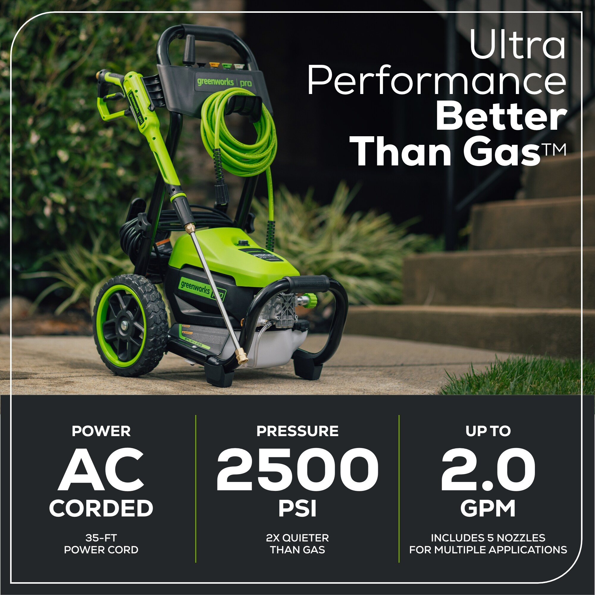 Greenworks 2500 PSI 2.3-GPM Cold Water Electric Pressure Washer with 5 Spray Tips