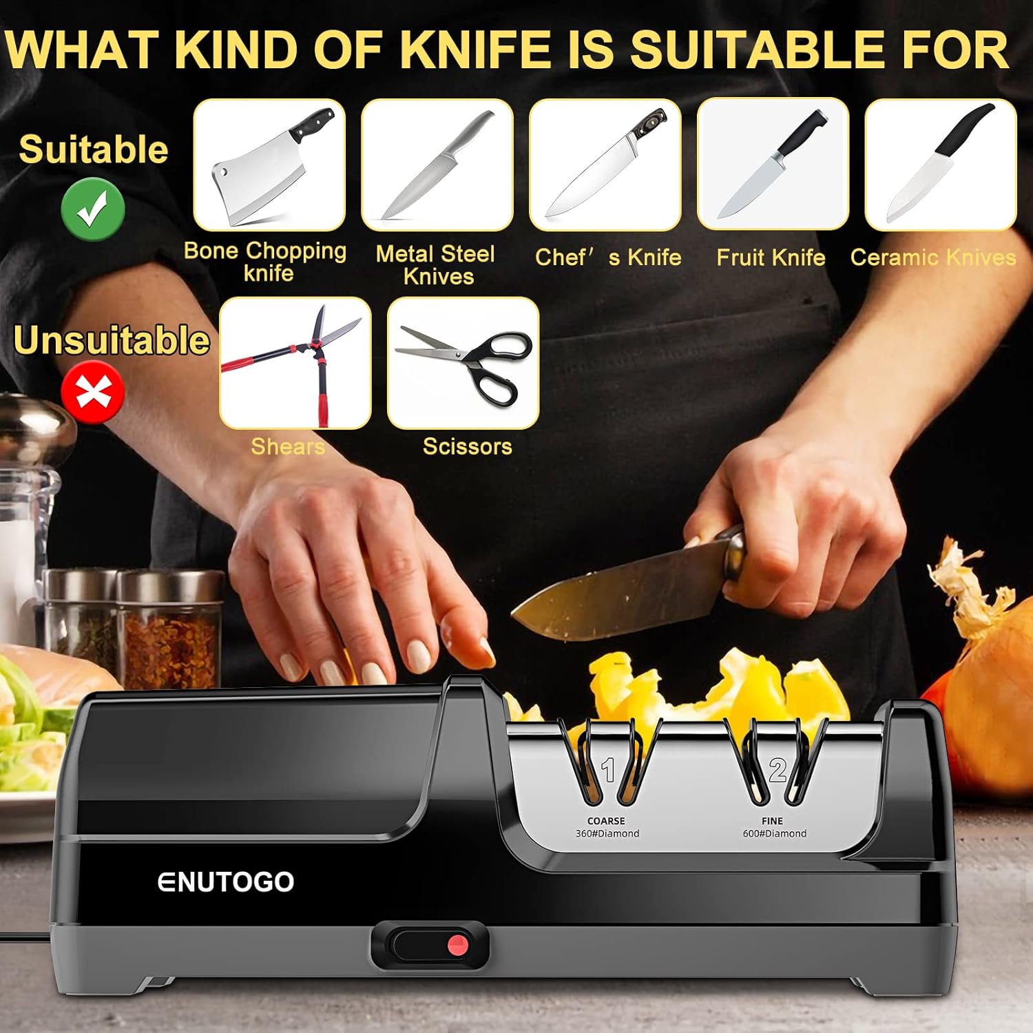 Enutogo Knife Sharpener, Professional 2-Stages Eleltric Knife Sharpeners with Diamond Abrasives for 20-Degree Straight Edge, Black