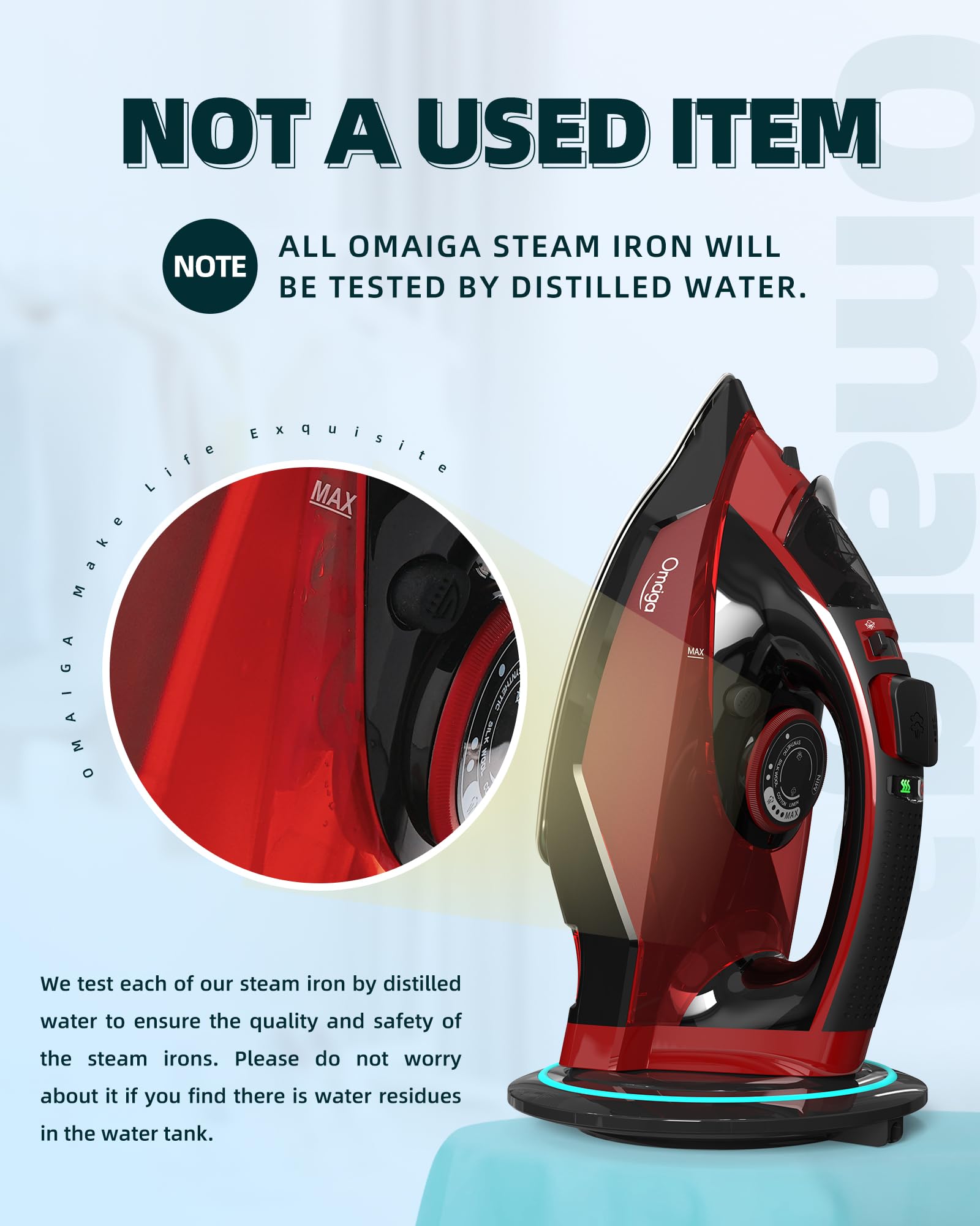 OMAIGA Cordless Iron, 1500W Cordless Iron with Steam with 11.84ozs Water Tank, Anti Drip Iron Cordless with Ceramic Soleplate