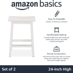 Amazon Basics Solid Wood Saddle-Seat Counter Height Kitchen Island Barstool, 24-Inch Height, White - Set of 2