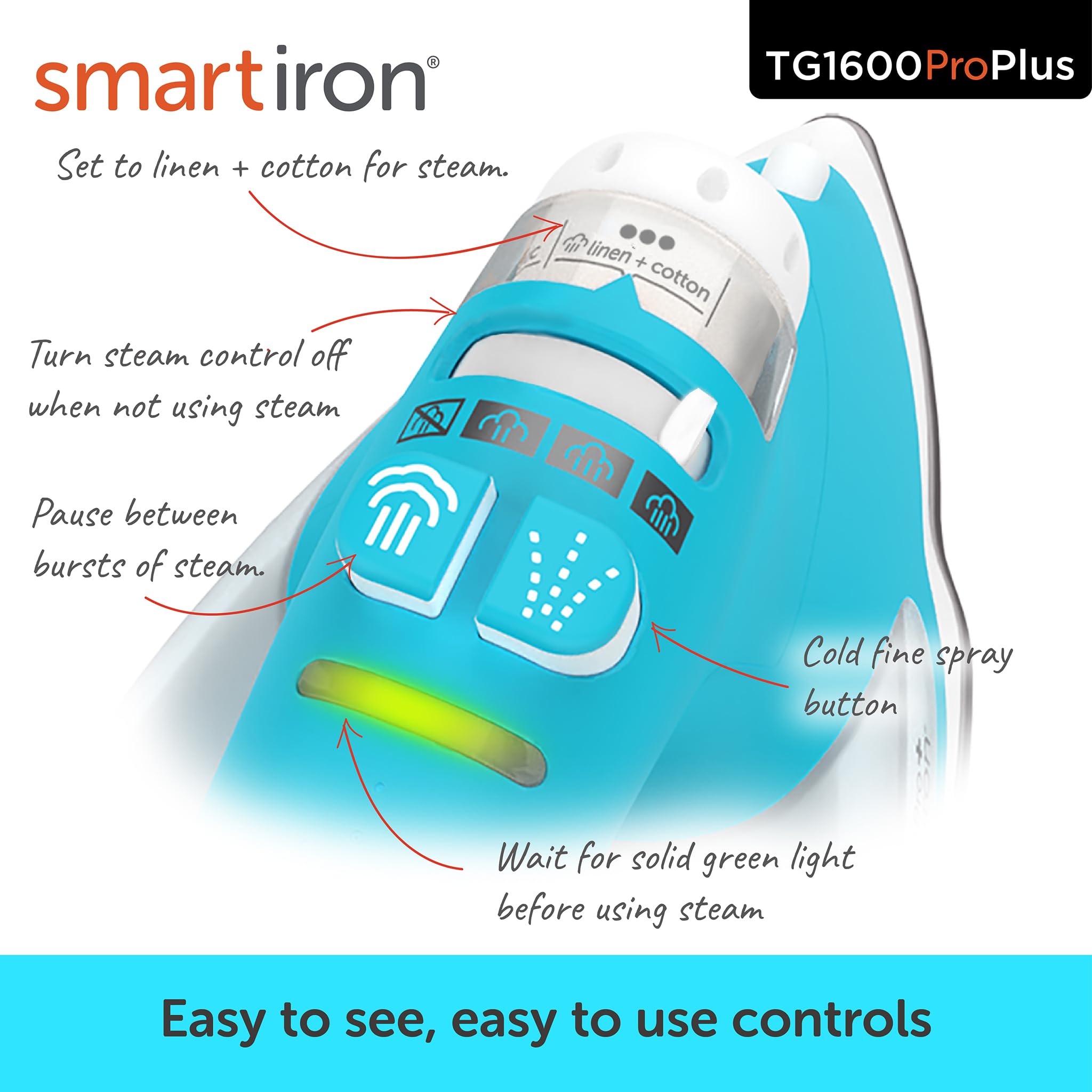 Oliso TG1600 Pro Plus 1800 Watt SmartIron with Auto Lift, Diamond Ceramic-Flow Soleplate Steam Iron, Turquoise