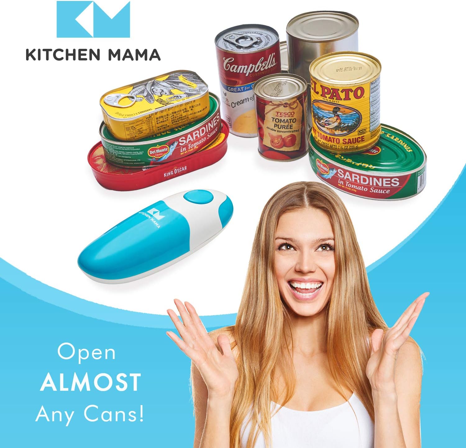 Kitchen Mama Auto Electric Can Opener – Automatic, Hands Free, Smooth Edge, Battery Operated (Sky Blue)