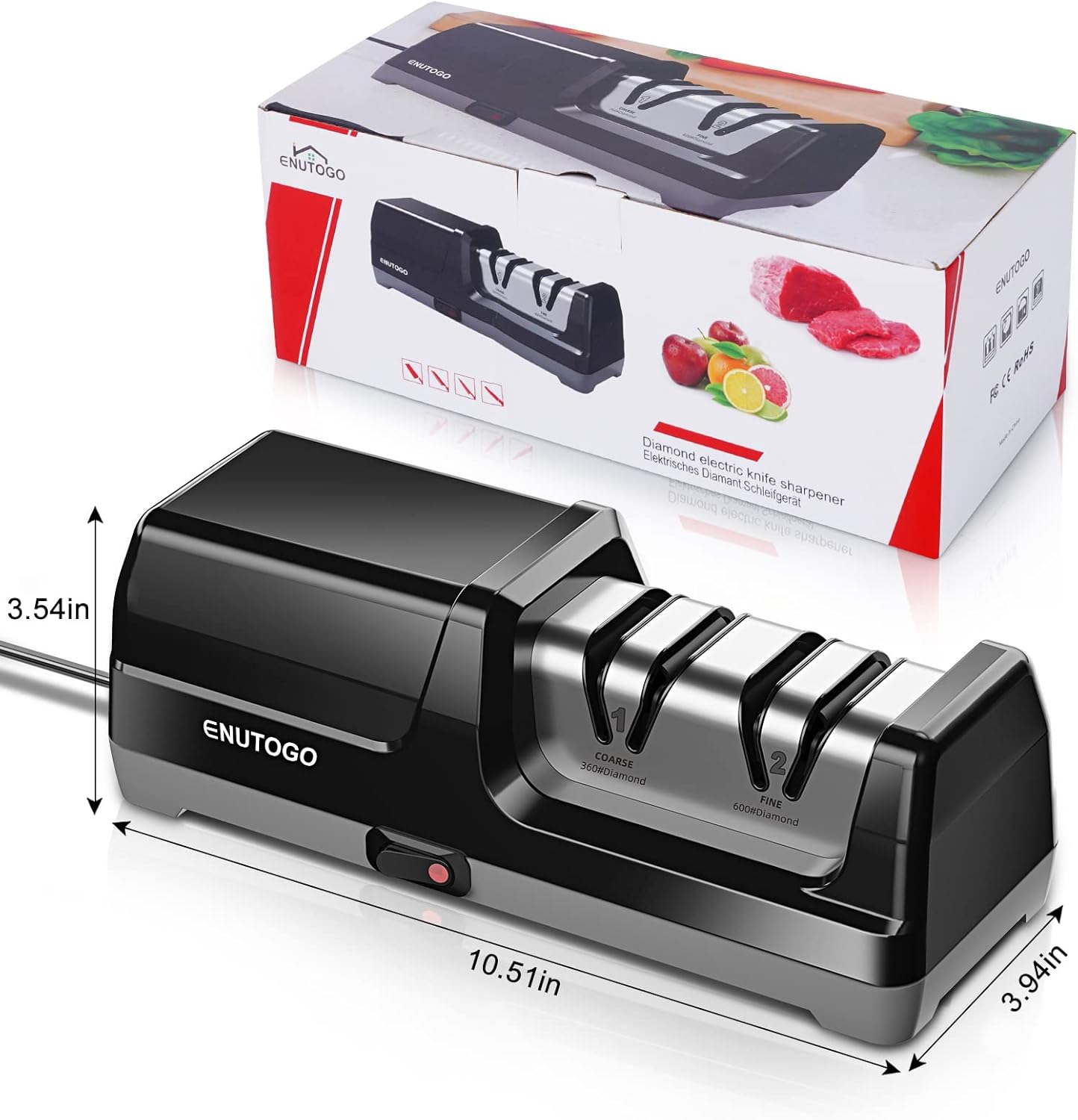 Enutogo Knife Sharpener, Professional 2-Stages Eleltric Knife Sharpeners with Diamond Abrasives for 20-Degree Straight Edge, Black