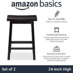 Amazon Basics Solid Wood Saddle-Seat Counter-Height Kitchen Island BarStool, 24-Inch Height, Black - Set of 2