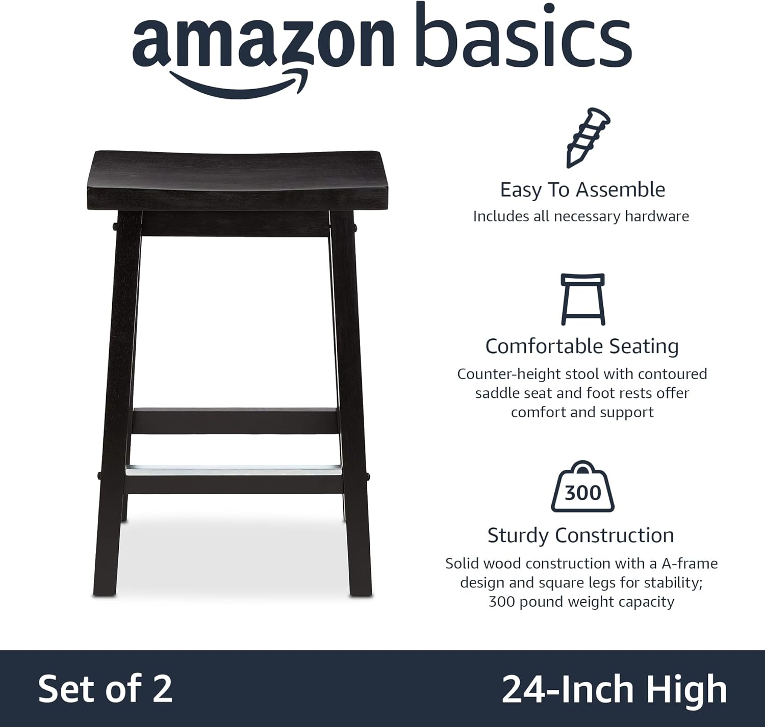 Amazon Basics Solid Wood Saddle-Seat Counter-Height Kitchen Island BarStool, 24-Inch Height, Black - Set of 2