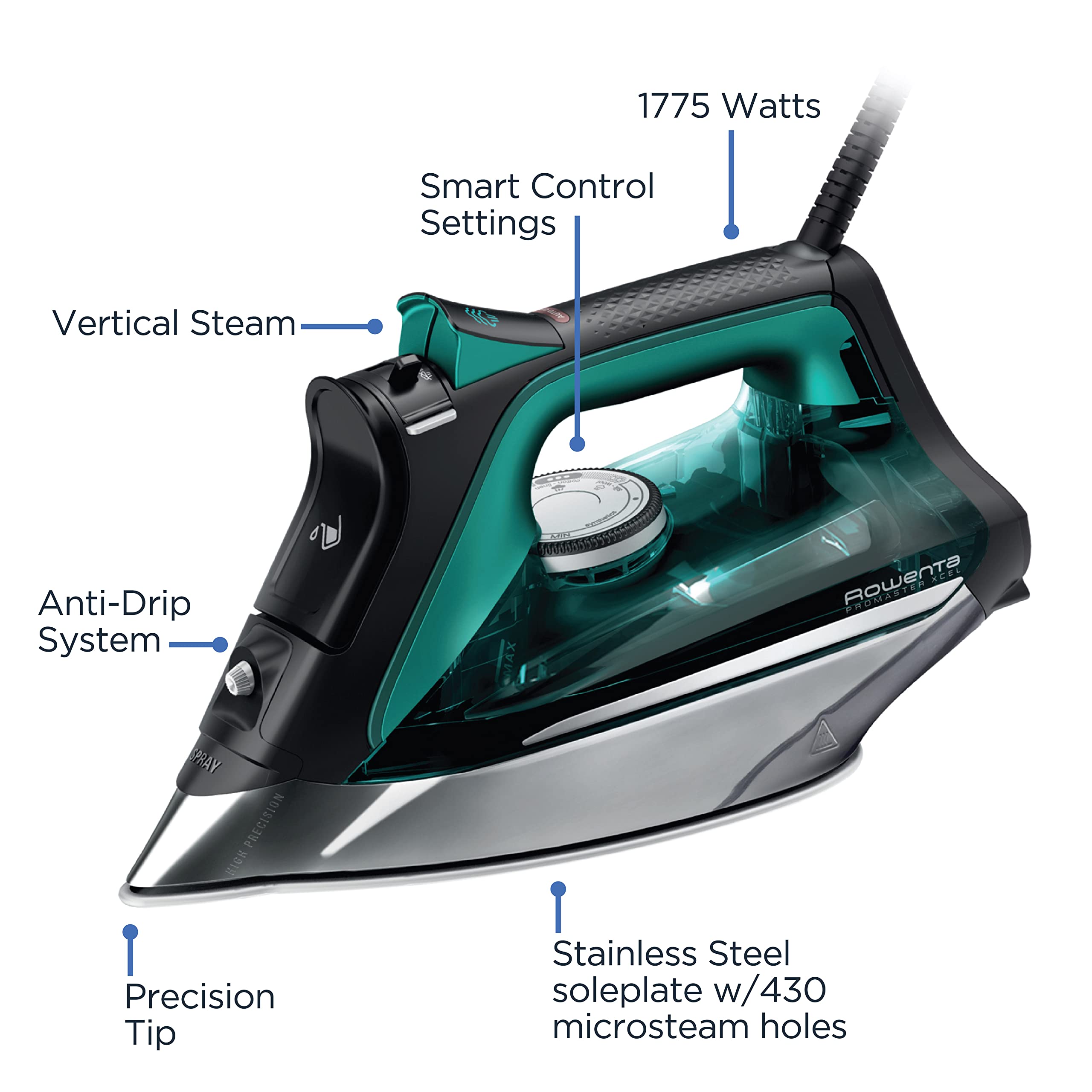 Rowenta Iron Pro Master Stainless Steel Soleplate Steam Iron for Clothes, 210 g/min, 400 Microsteam Holes, 1775 Watts