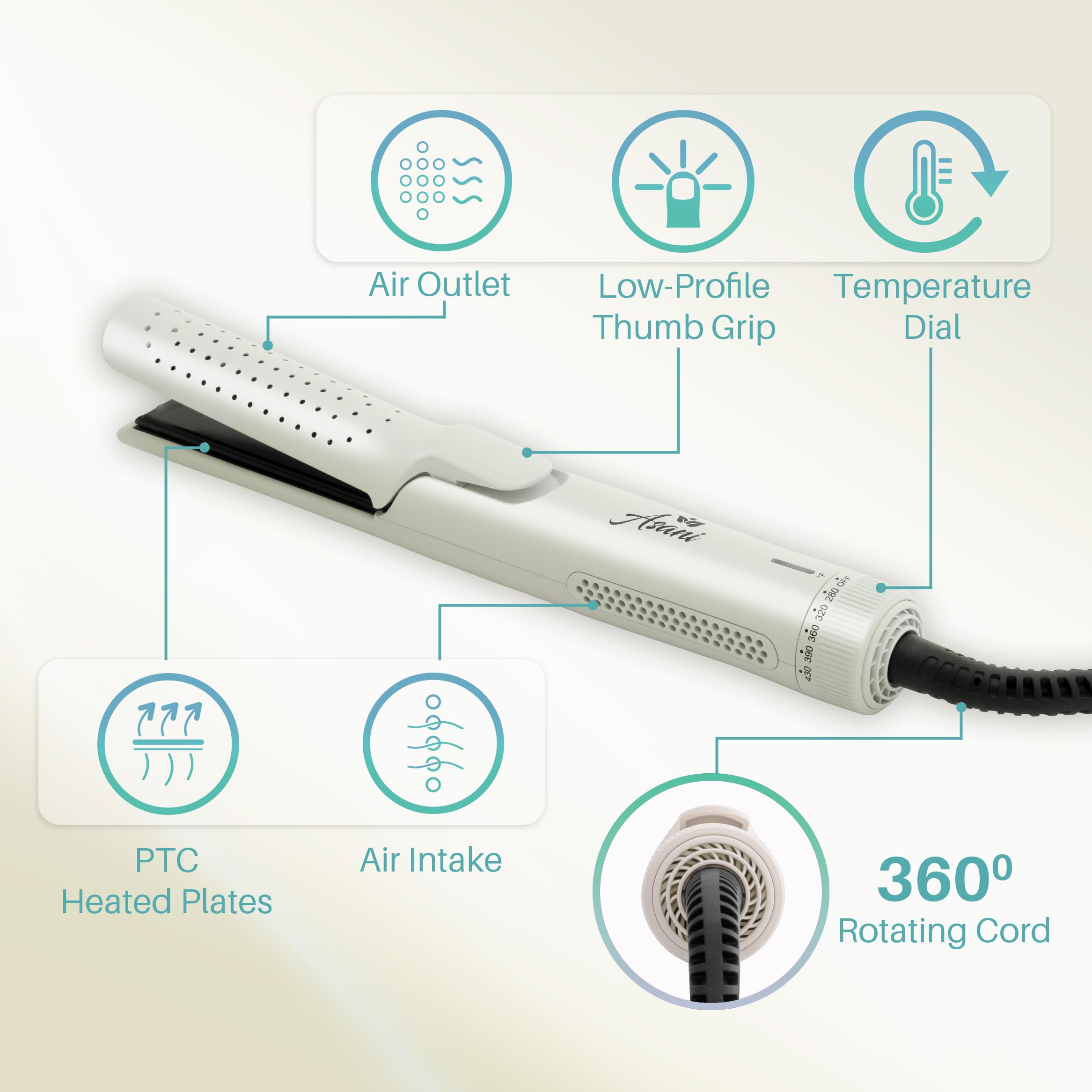 Asani 360° Airflow Styler - 2-in-1 Professional Curling Wand & Hair Straightener - Flat Iron Curler with Cooling Fan, Air Vents (White)