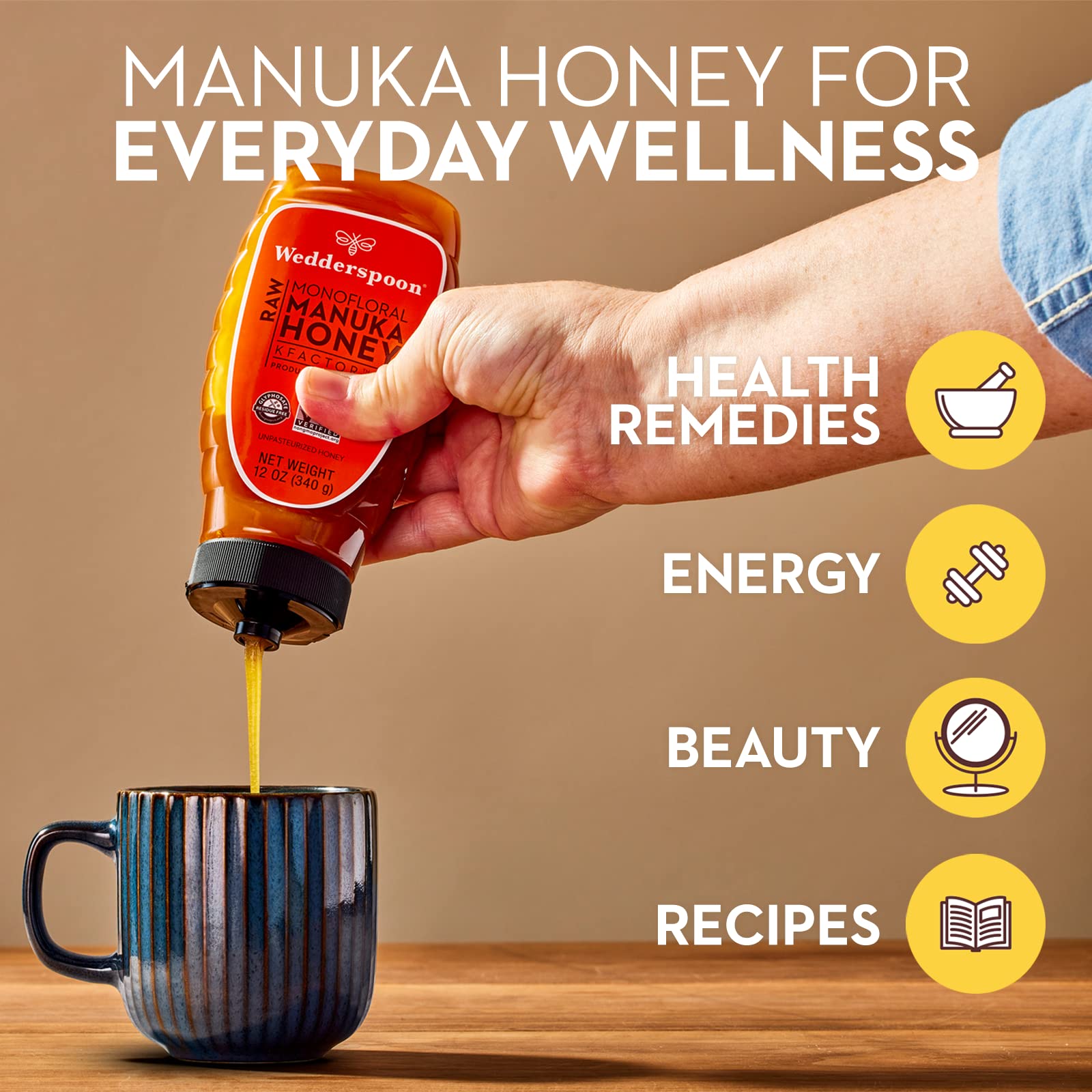 Wedderspoon Raw Premium Manuka Honey, KFactor 16, 12 Oz, Unpasteurized, Genuine New Zealand Honey, Multi-Functional
