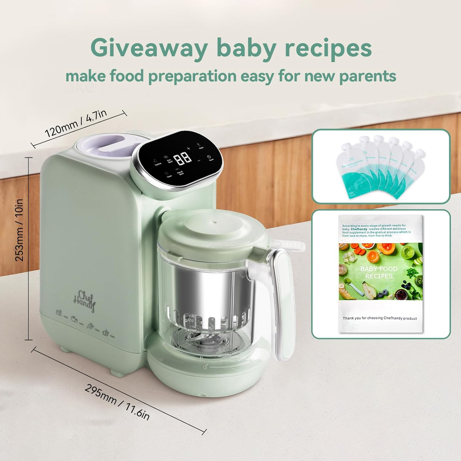 Chefhandy Baby Food Maker, 5 in 1 Baby Food Processor with Steaming Basket, Auto Cooking & Grinding (Green)