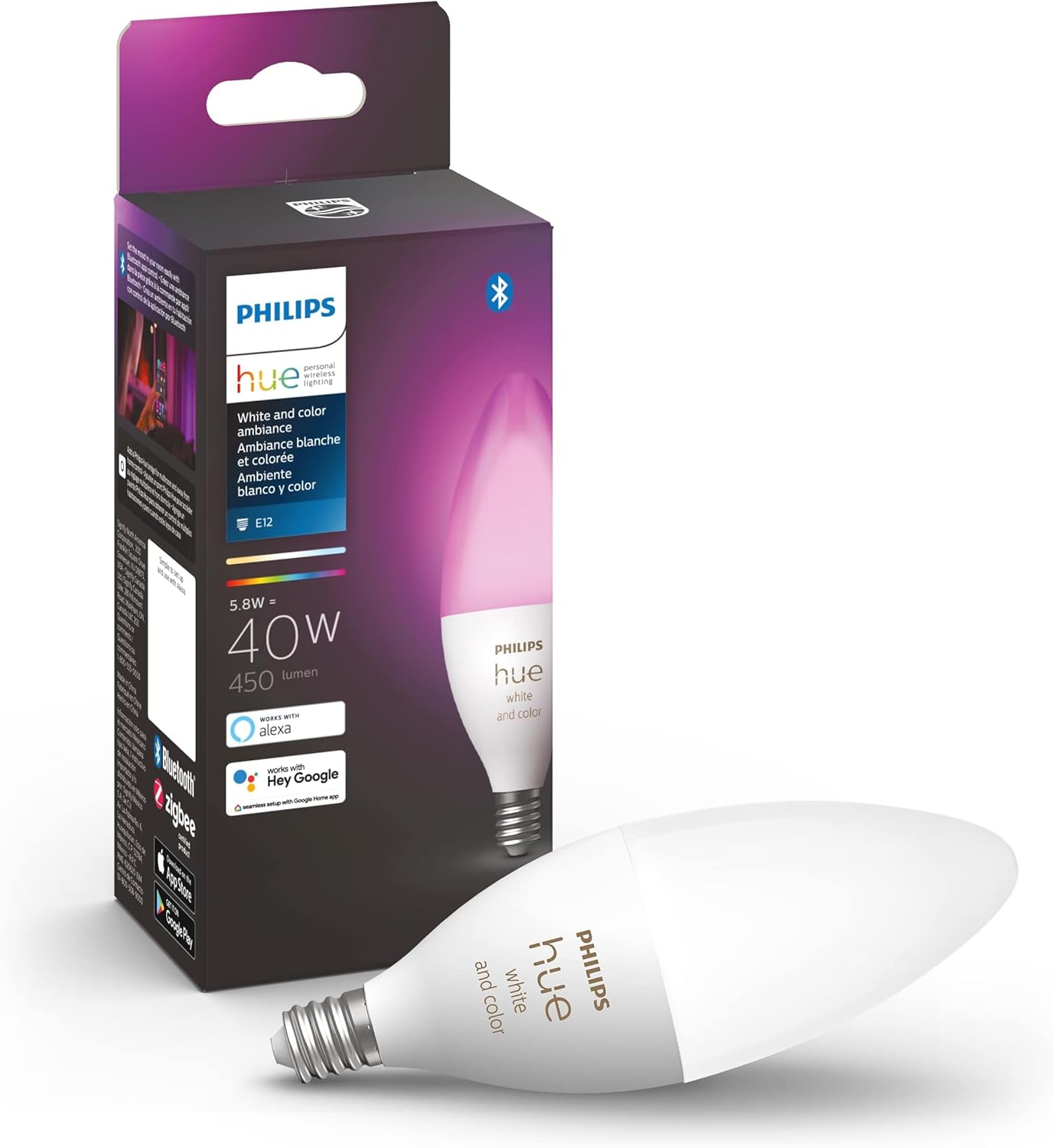 Philips Hue Smart 40W B39 Candle-Shaped LED Bulb, White and Color Ambiance Color, Changing Light, 1 Pack