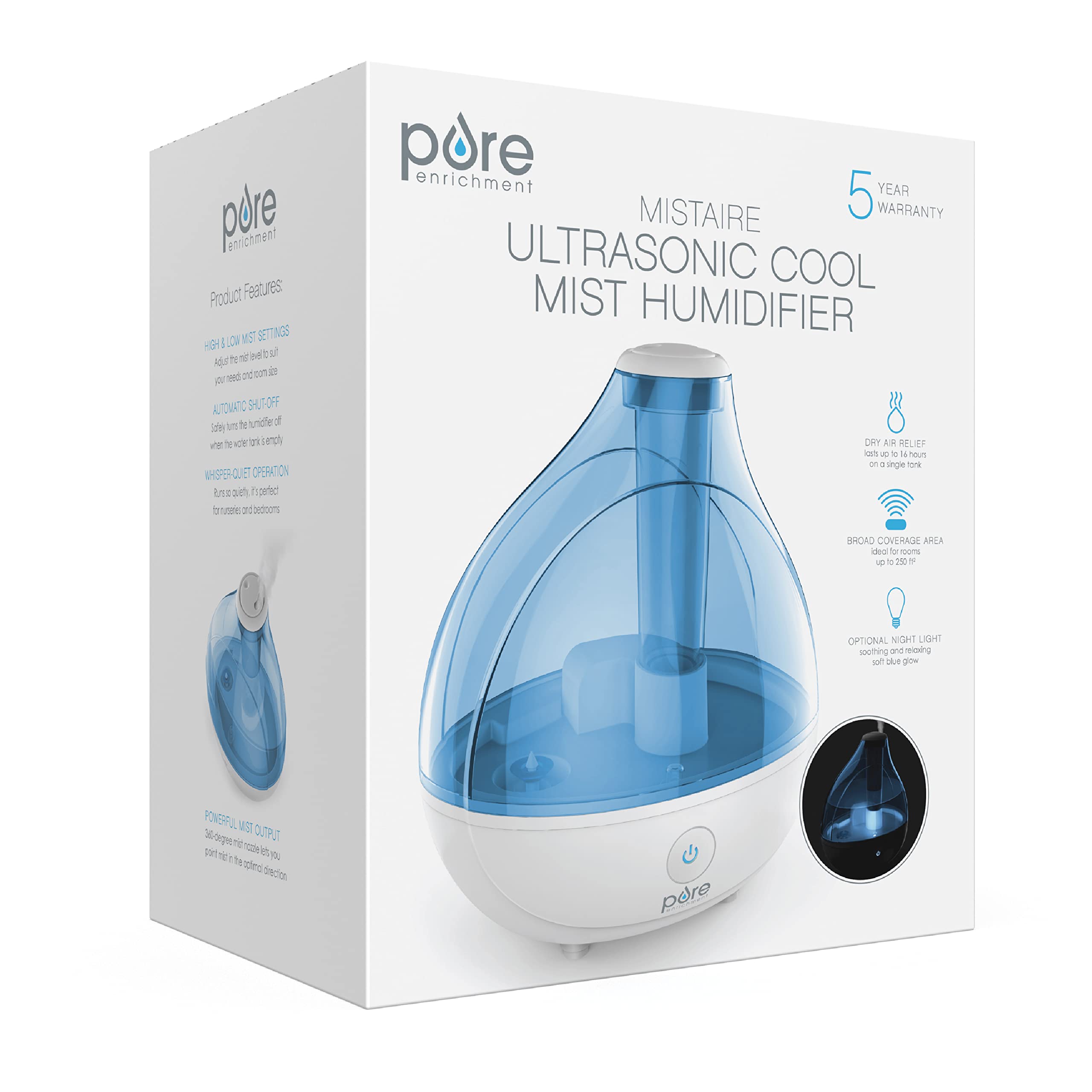 Pure Enrichment MistAire Ultrasonic Cool Mist Humidifier - Quiet Air Humidifier for Bedroom - Lasts Up To 25 Hours