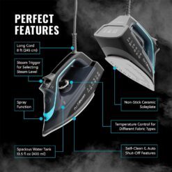 PurSteam SteamBurst+ 1750W Steam Iron, Ceramic Soleplate, Adjustable Steam, Burst of Steam