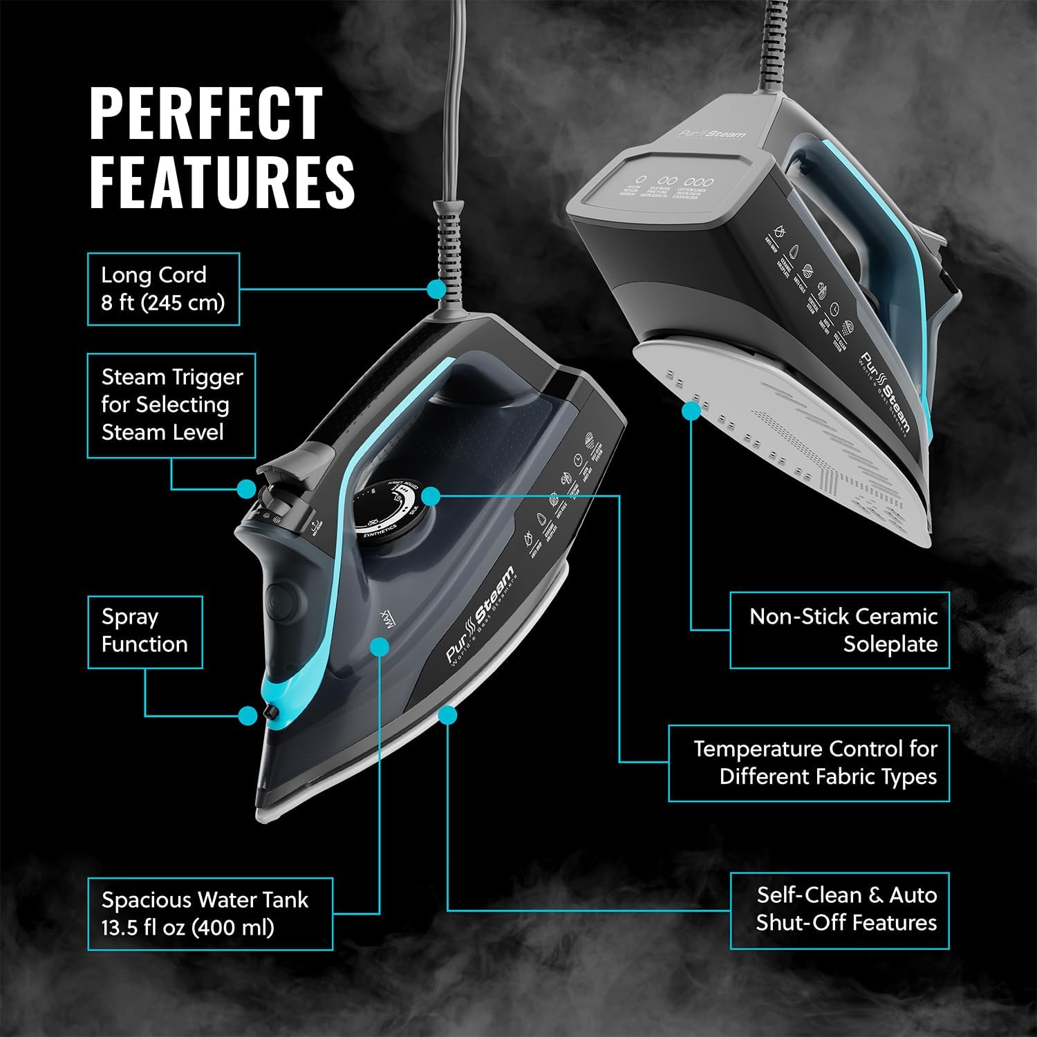 PurSteam SteamBurst+ 1750W Steam Iron, Ceramic Soleplate, Adjustable Steam, Burst of Steam