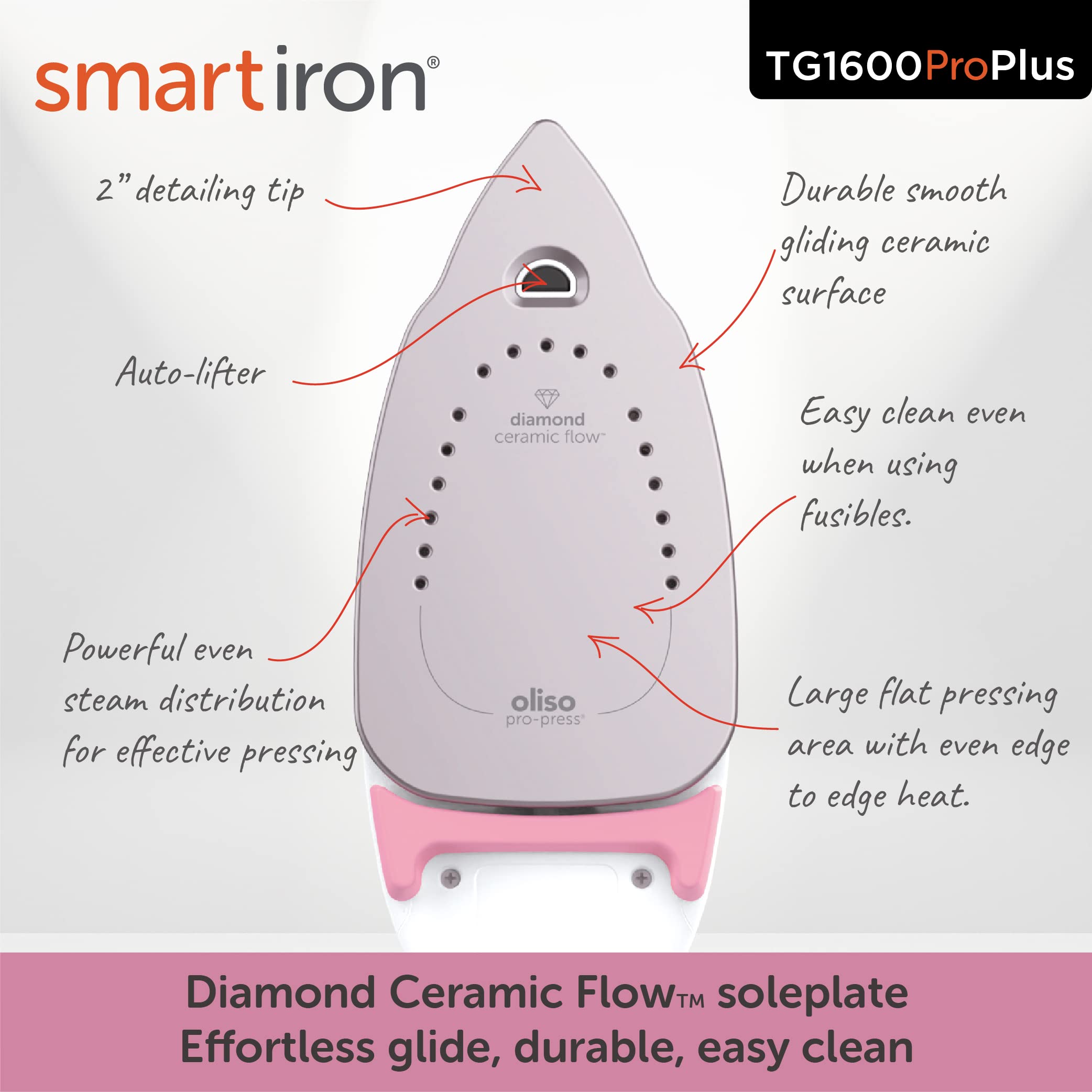 Oliso TG1600 Pro Plus 1800 Watt SmartIron with Auto Lift - for Clothes, Sewing, Quilting and Crafting Ironing, Pink