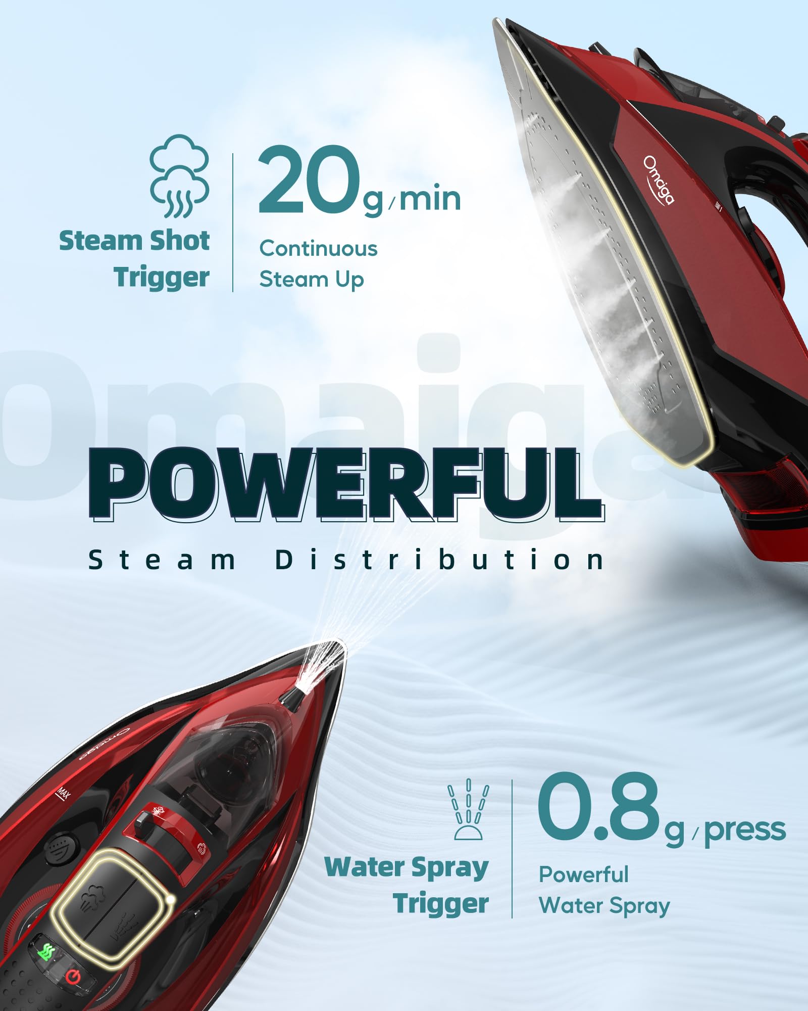 OMAIGA Cordless Iron, 1500W Cordless Iron with Steam with 11.84ozs Water Tank, Anti Drip Iron Cordless with Ceramic Soleplate