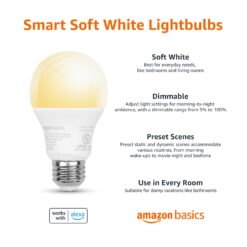 Amazon Basics Dimmable A19 LED Smart Light Bulbs Alexa Compatible, Dimmable Soft White, 60W Equivalent (7.5W), 4 Pack