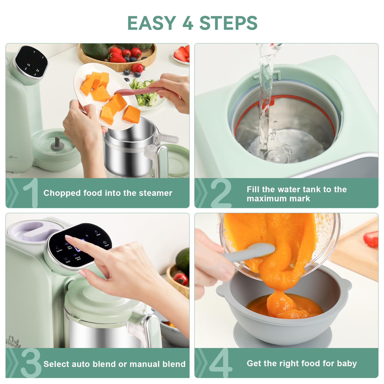 Chefhandy Baby Food Maker, 5 in 1 Baby Food Processor with Steaming Basket, Auto Cooking & Grinding (Green)