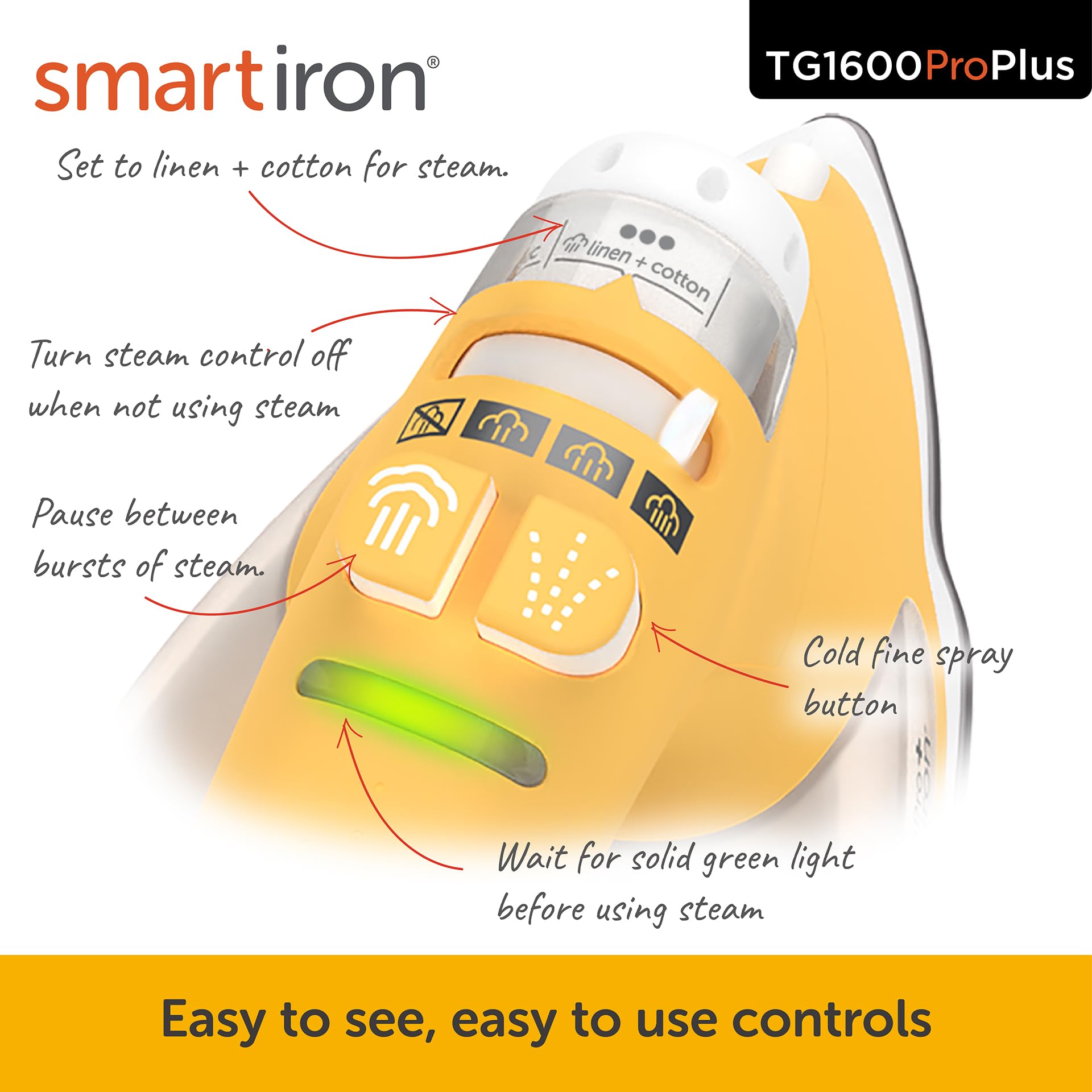 Oliso TG1600 Pro Plus 1800 Watt SmartIron with Auto Lift - for Clothes, Sewing, Quilting and Crafting Ironing, Yellow