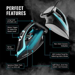 PurSteam SteamTech Elite 1750W Steam Iron, Digital Temp Control & LED Display, Ceramic Soleplate