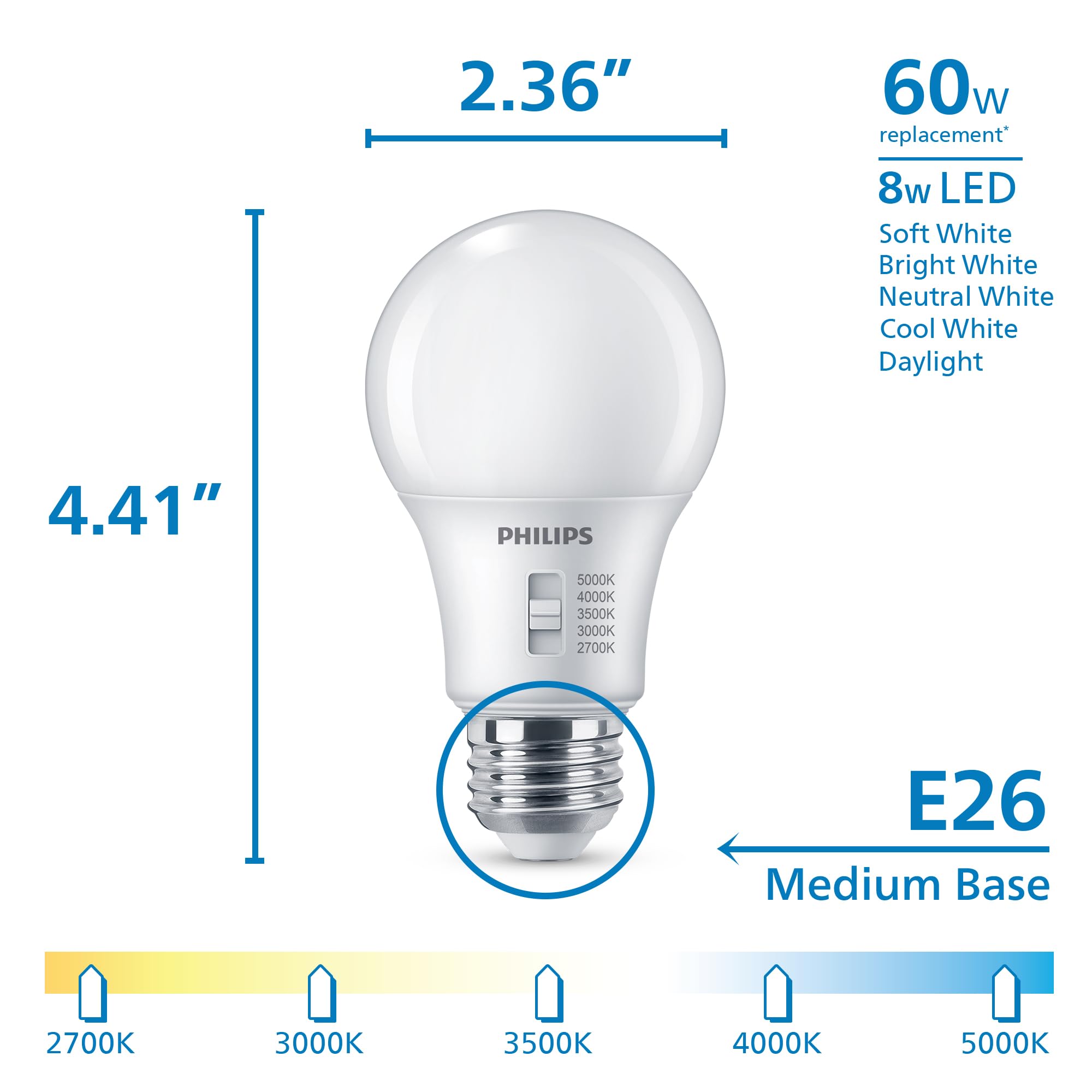 Philips LED A19 Selectable White Dimmable LED Light Bulbs - Flicker-Free 60w Light Bulbs with EyeComfort Technology - 12 Pack