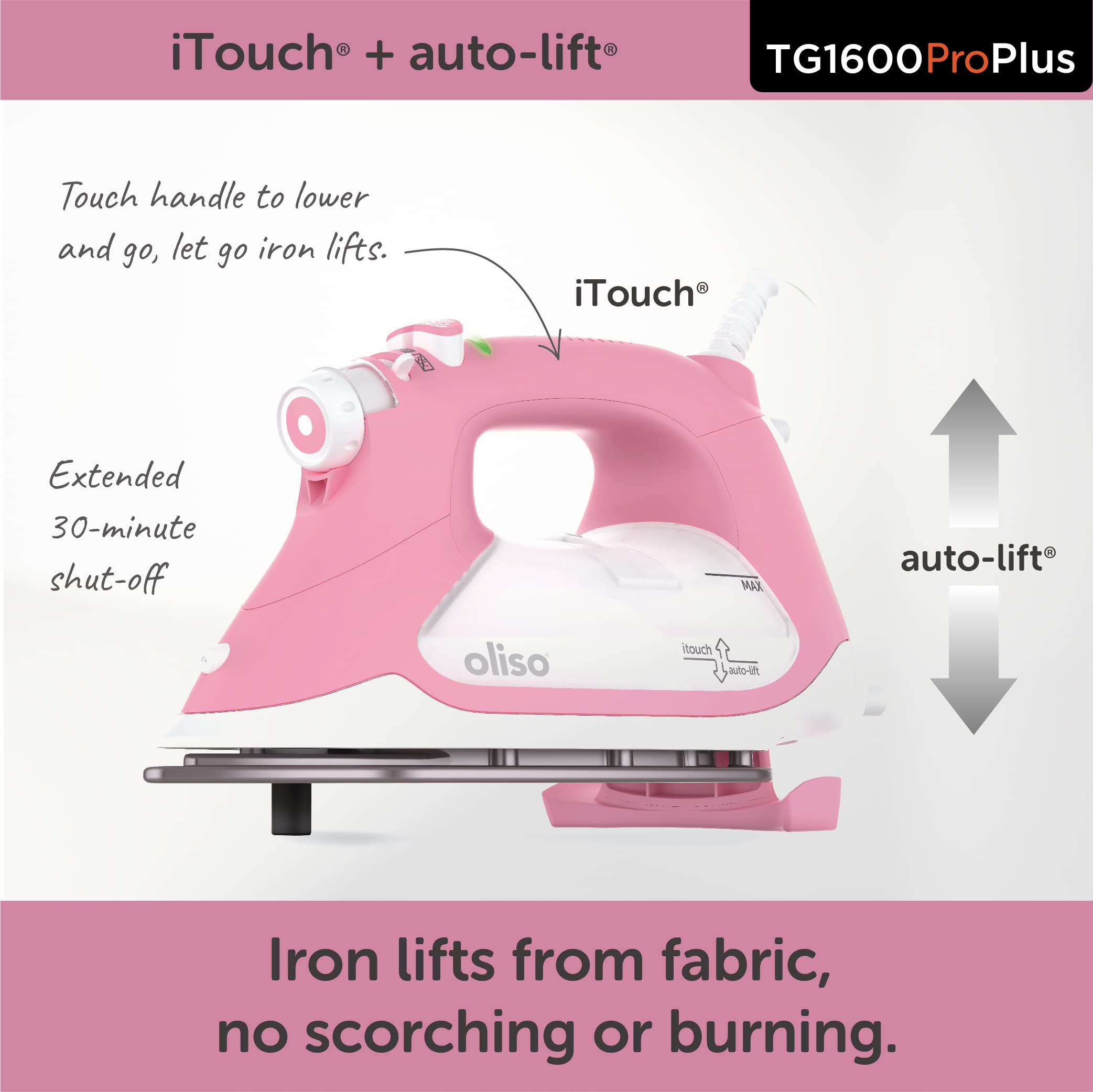 Oliso TG1600 Pro Plus 1800 Watt SmartIron with Auto Lift - for Clothes, Sewing, Quilting and Crafting Ironing, Pink