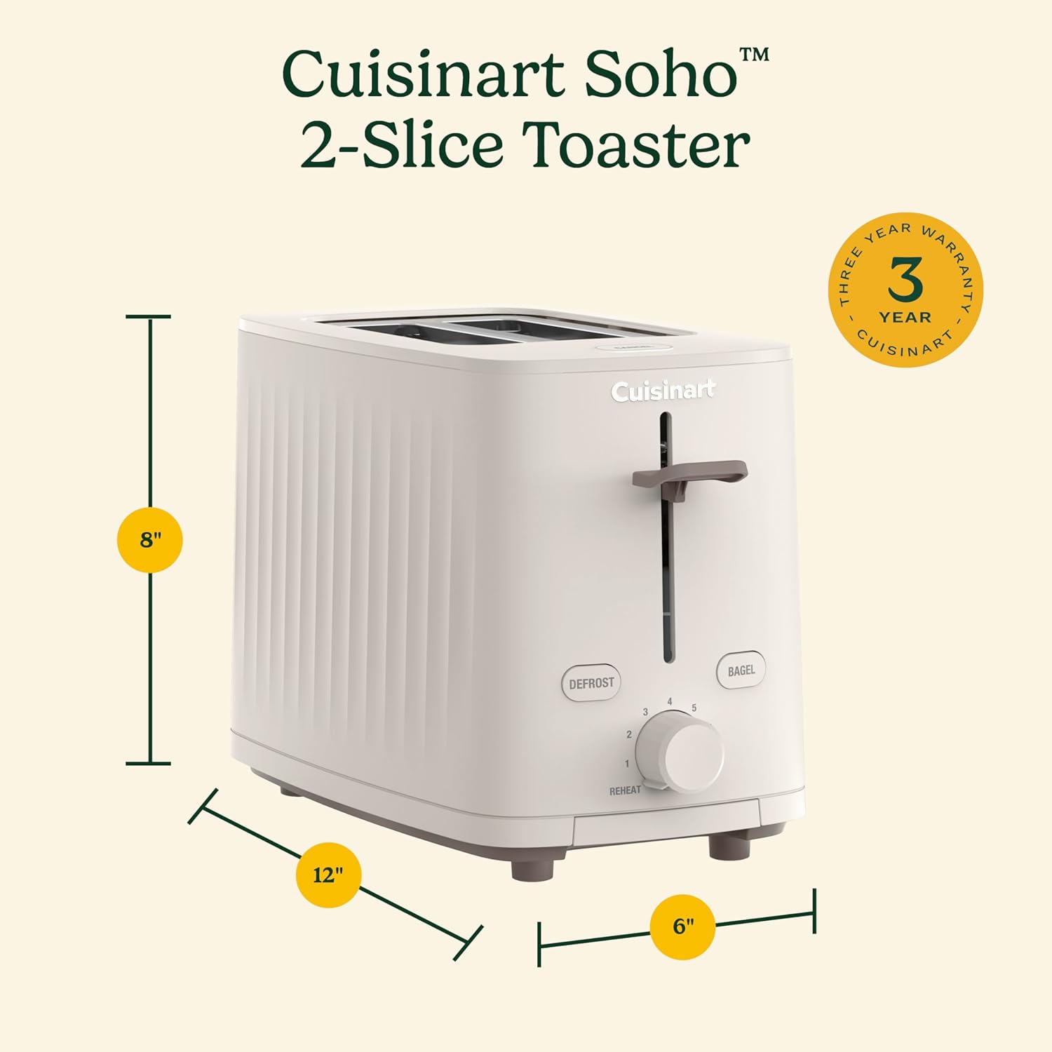 Cuisinart Soho Collection 2-Slice Toaster, 7 Toaster Setting, Defrost, Reheat, and Bagel Setting, Convenient Rear Cord Storage, Truffle, CPT-7TR