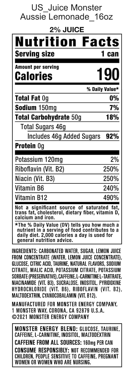 Monster Energy Juice Aussie Style Lemonade, Energy + Juice, 16 Oz (Pack of 15)
