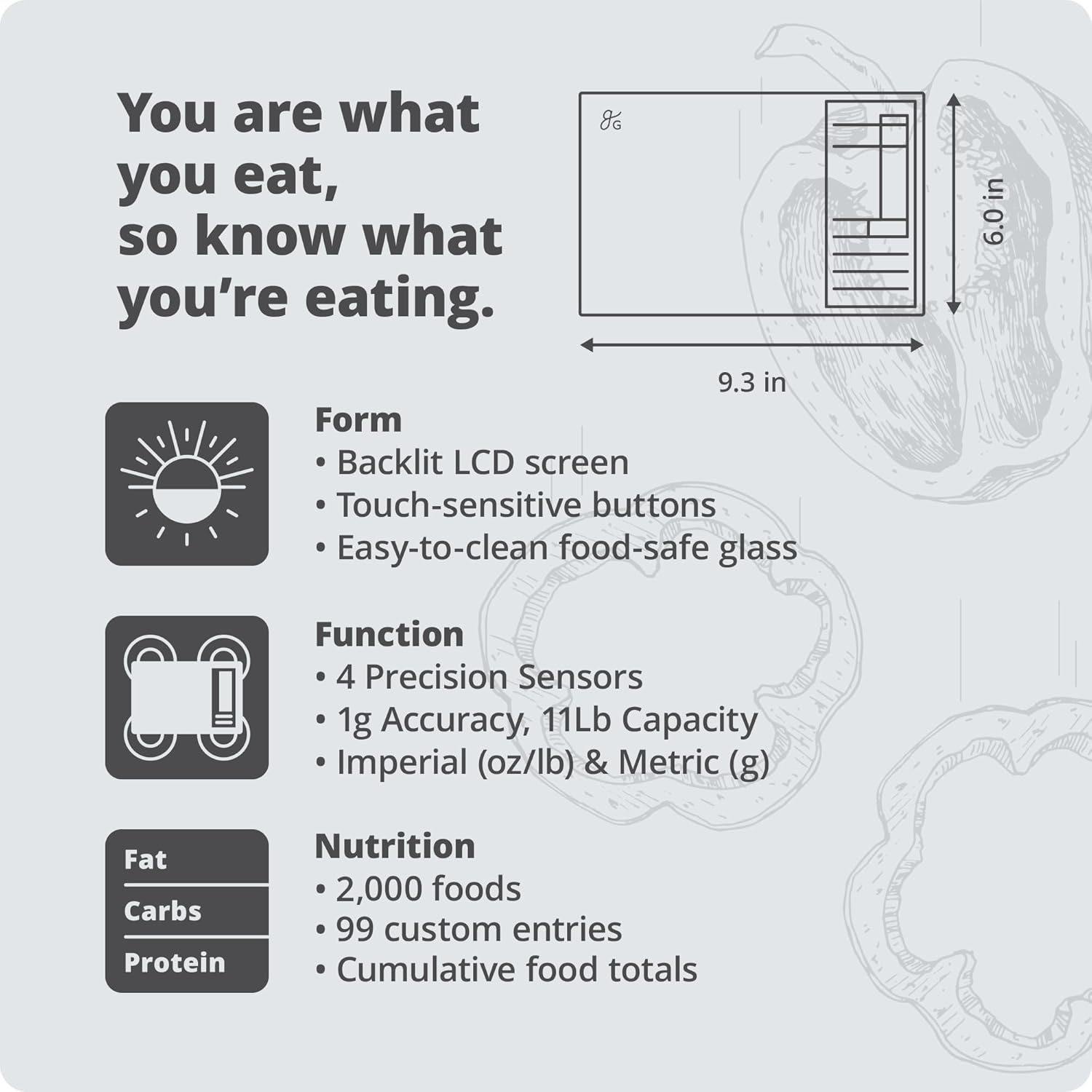 Nutrition Scale by Greater Goods with Food Grade Glass, Perfect for Calorie Counting, Meal Prep, and Weight Loss (Silver)