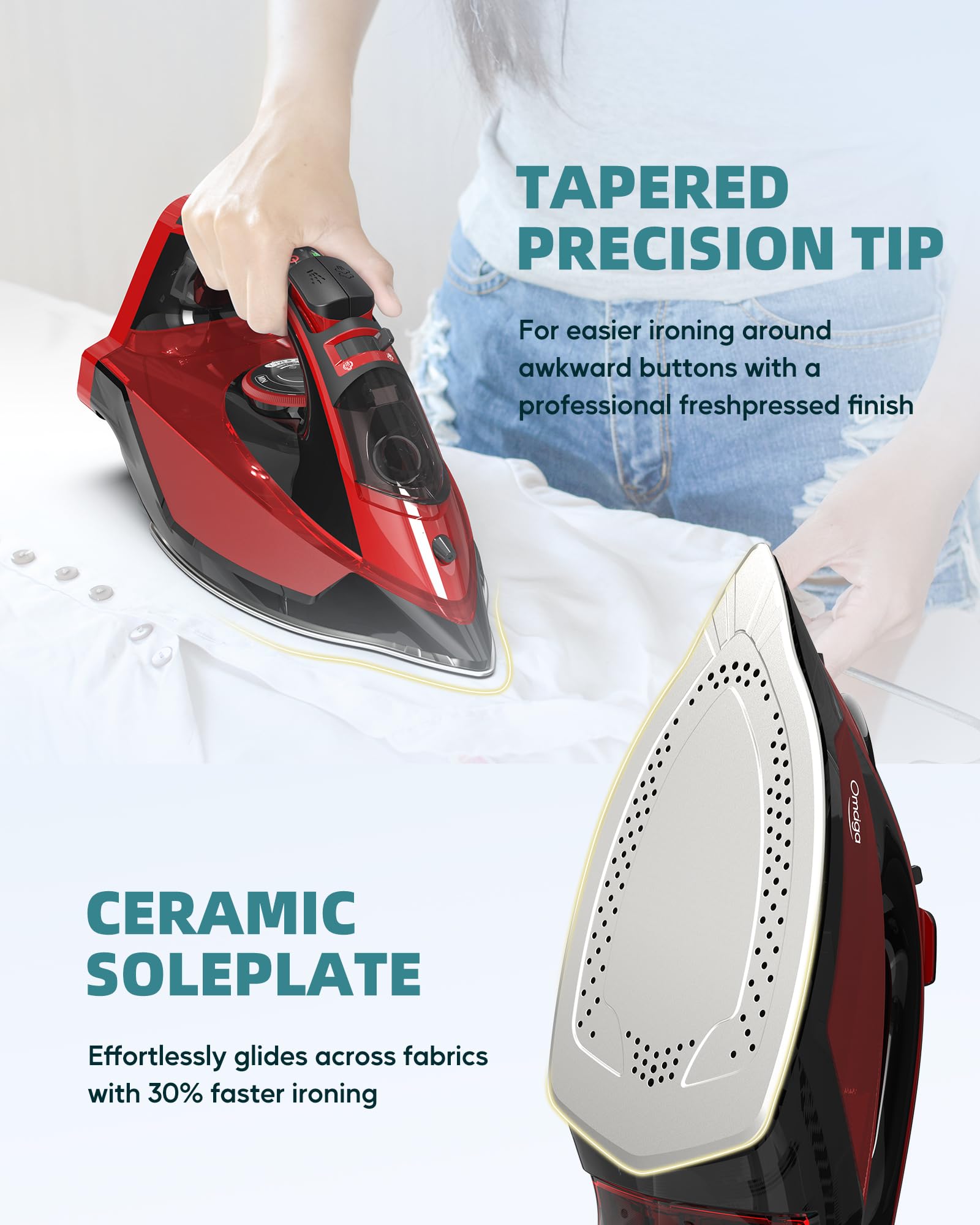 OMAIGA Cordless Iron, 1500W Cordless Iron with Steam with 11.84ozs Water Tank, Anti Drip Iron Cordless with Ceramic Soleplate
