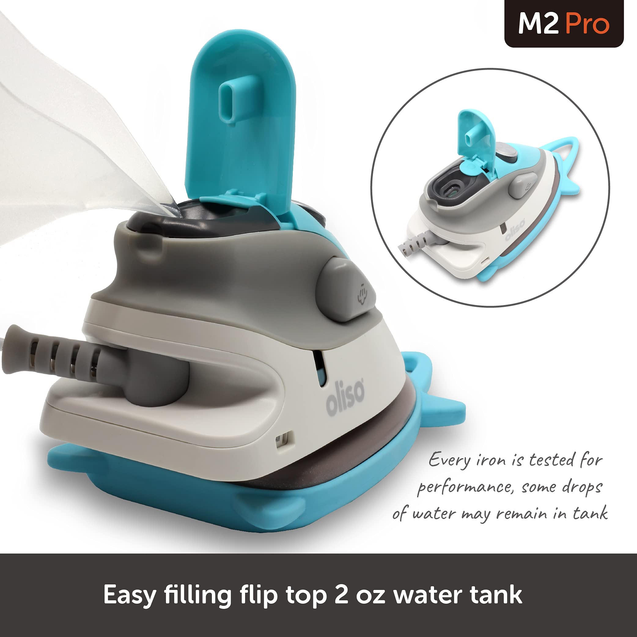 Oliso M2 Mini Project Steam Iron with Solemate - for Sewing, Quilting, Crafting, and Travel, Turquoise