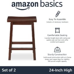 Amazon Basics Solid Wood Saddle-Seat Kitchen Counter-Height Stool, 24-Inch Height, Walnut Finish - Set of 2