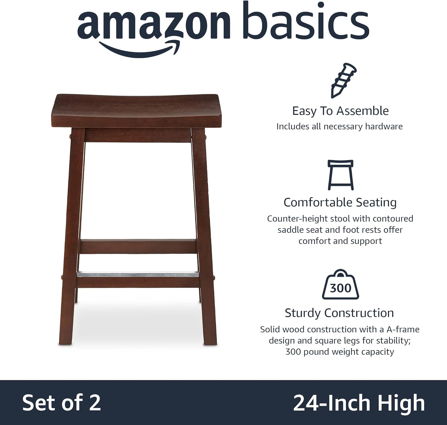 Amazon Basics Solid Wood Saddle-Seat Kitchen Counter-Height Stool, 24-Inch Height, Walnut Finish - Set of 2