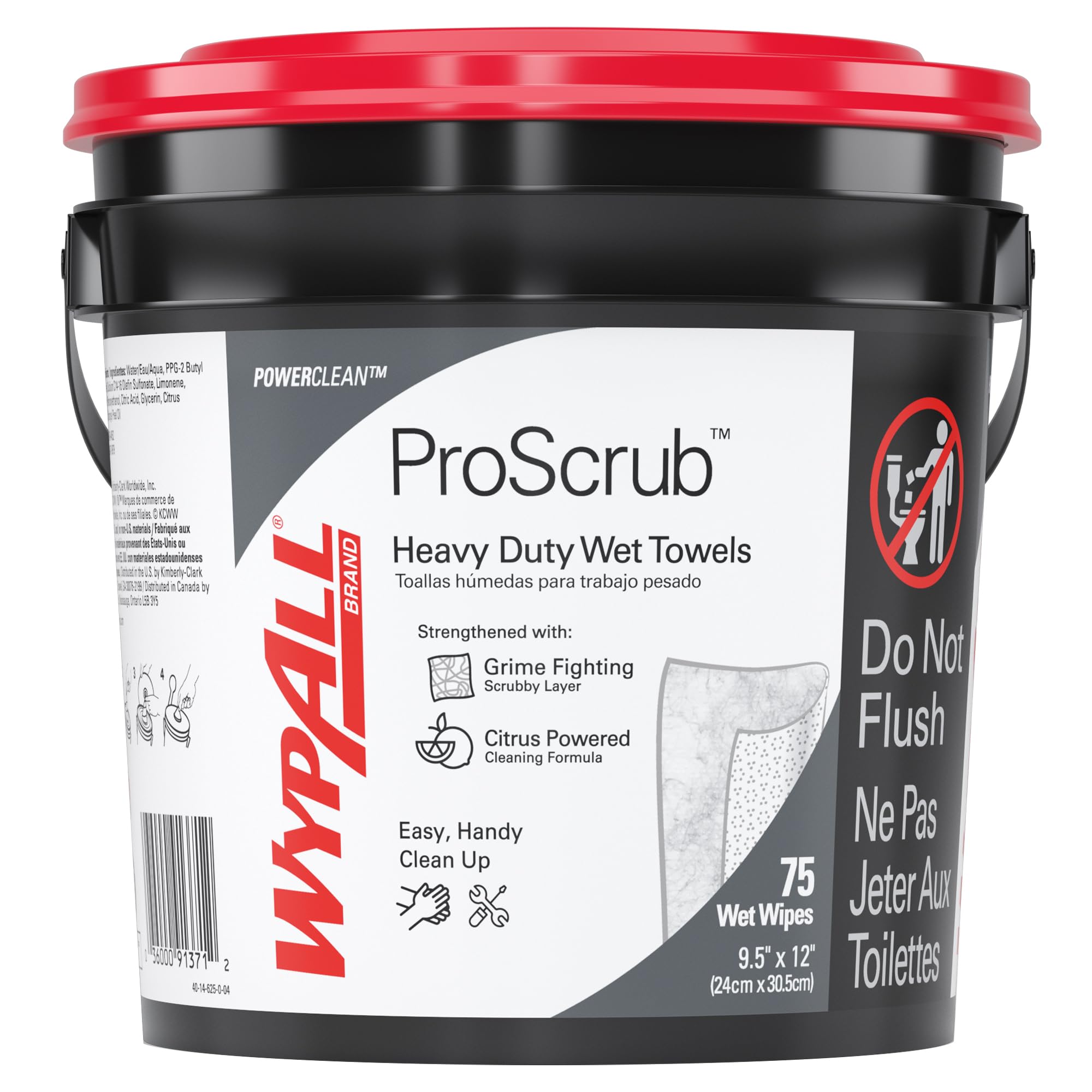 WypAll PowerClean ProScrub Heavy Duty Wet Towels (91371), Dual Action Cleaning, Large 9.5" x 12" Wipes, Bucket Included (75 Sheets/Container)