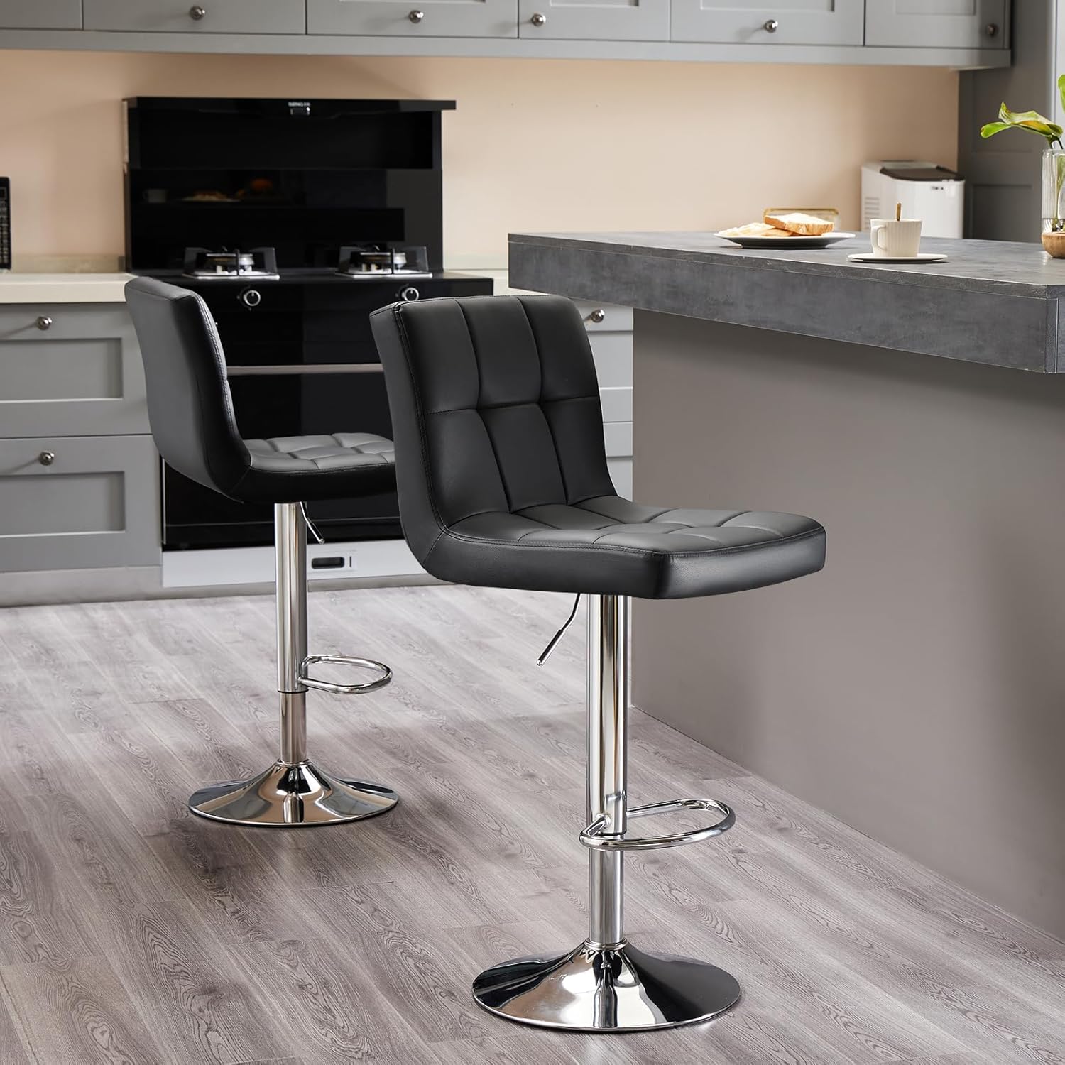 Sweetcrispy Bar Stools Set of 4, PU Leather Adjustable Swivel Barstools, Armless Hydraulic Kitchen Counter Height Bar Stools, Black