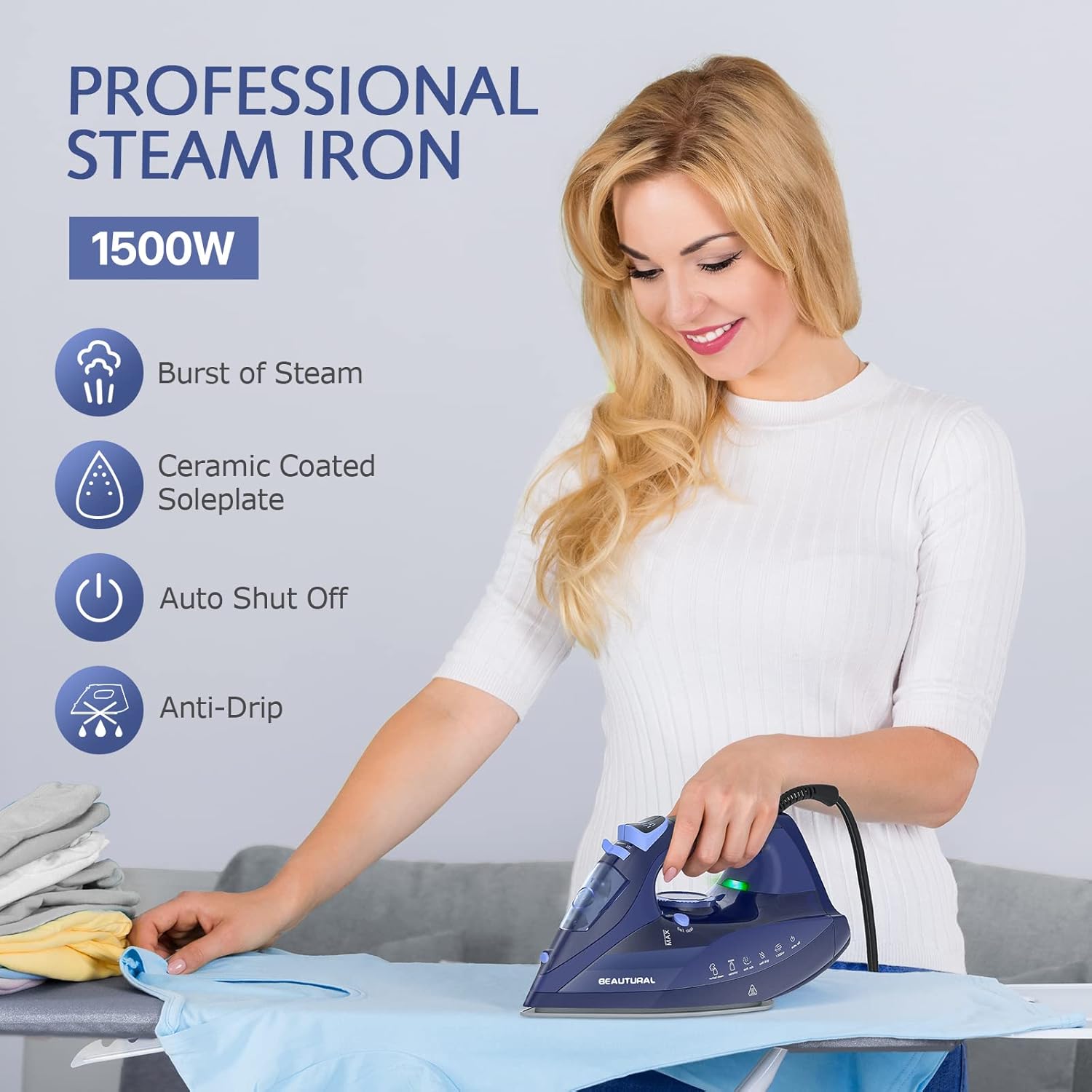 BEAUTURAL Steam Iron for Clothes with Precision Thermostat Dial, Anti-Drip Blue