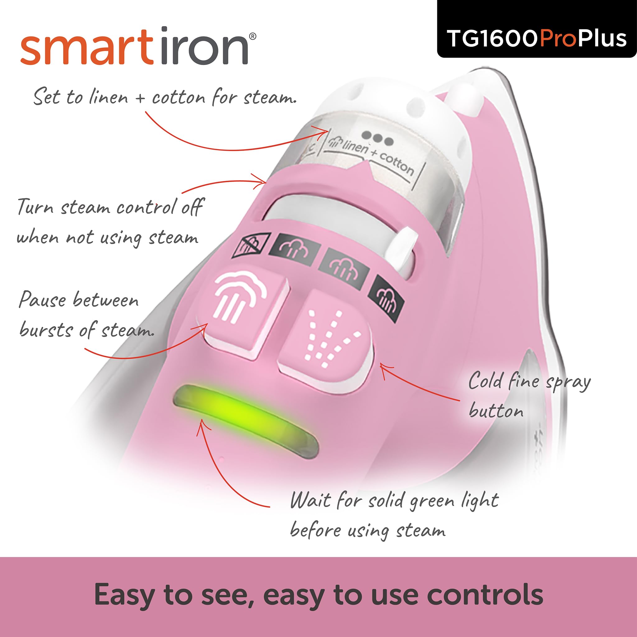 Oliso TG1600 Pro Plus 1800 Watt SmartIron with Auto Lift - for Clothes, Sewing, Quilting and Crafting Ironing, Pink
