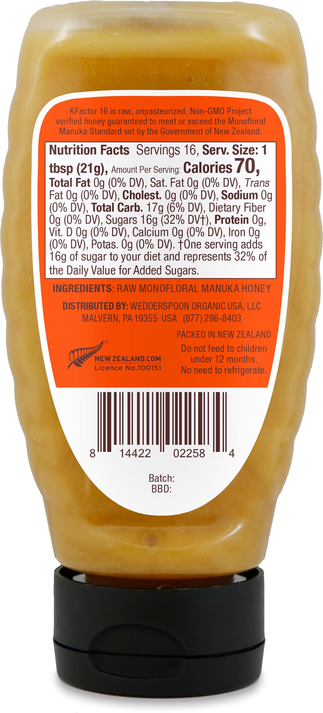 Wedderspoon Raw Premium Manuka Honey, KFactor 16, 12 Oz, Unpasteurized, Genuine New Zealand Honey, Multi-Functional