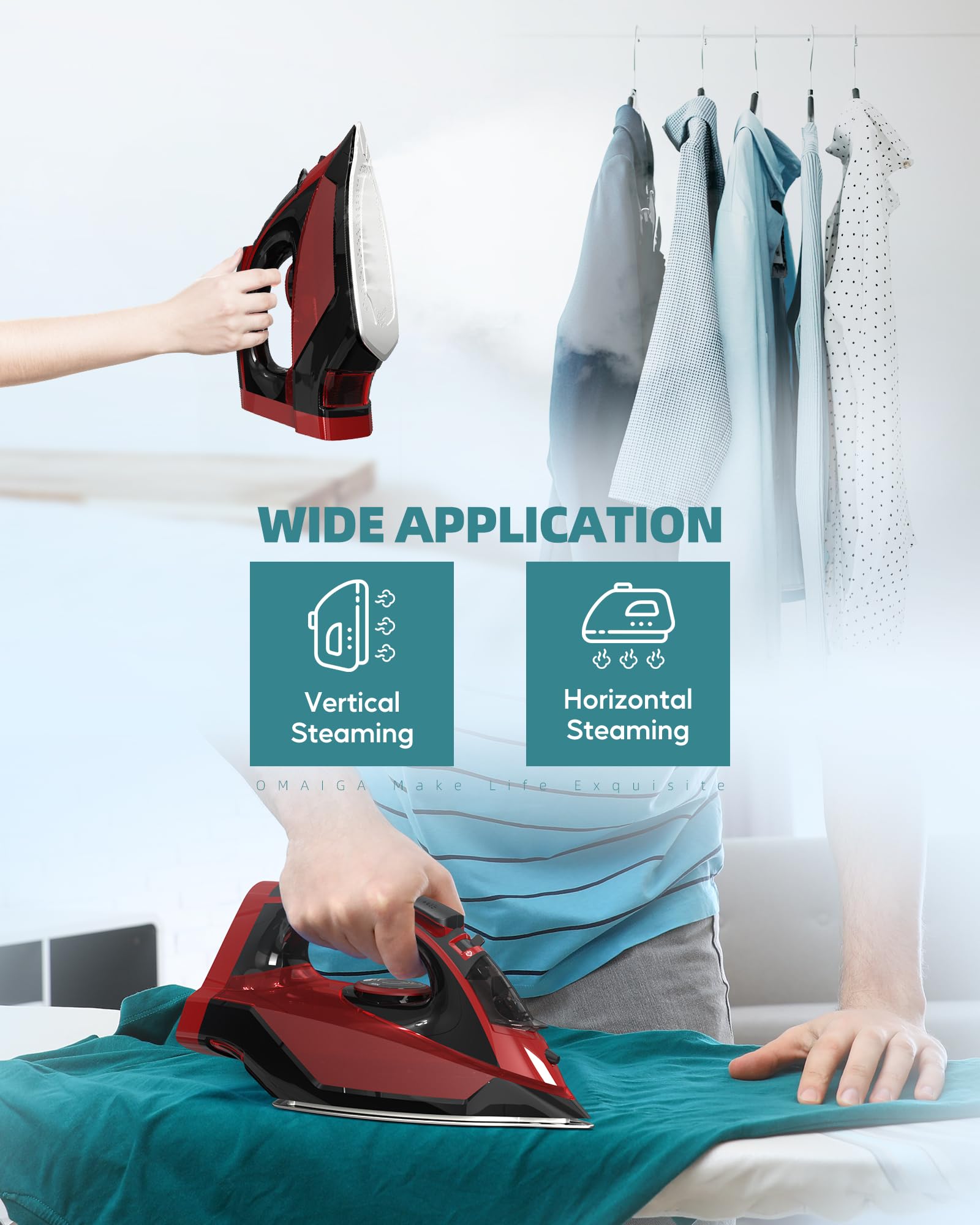 OMAIGA Cordless Iron, 1500W Cordless Iron with Steam with 11.84ozs Water Tank, Anti Drip Iron Cordless with Ceramic Soleplate