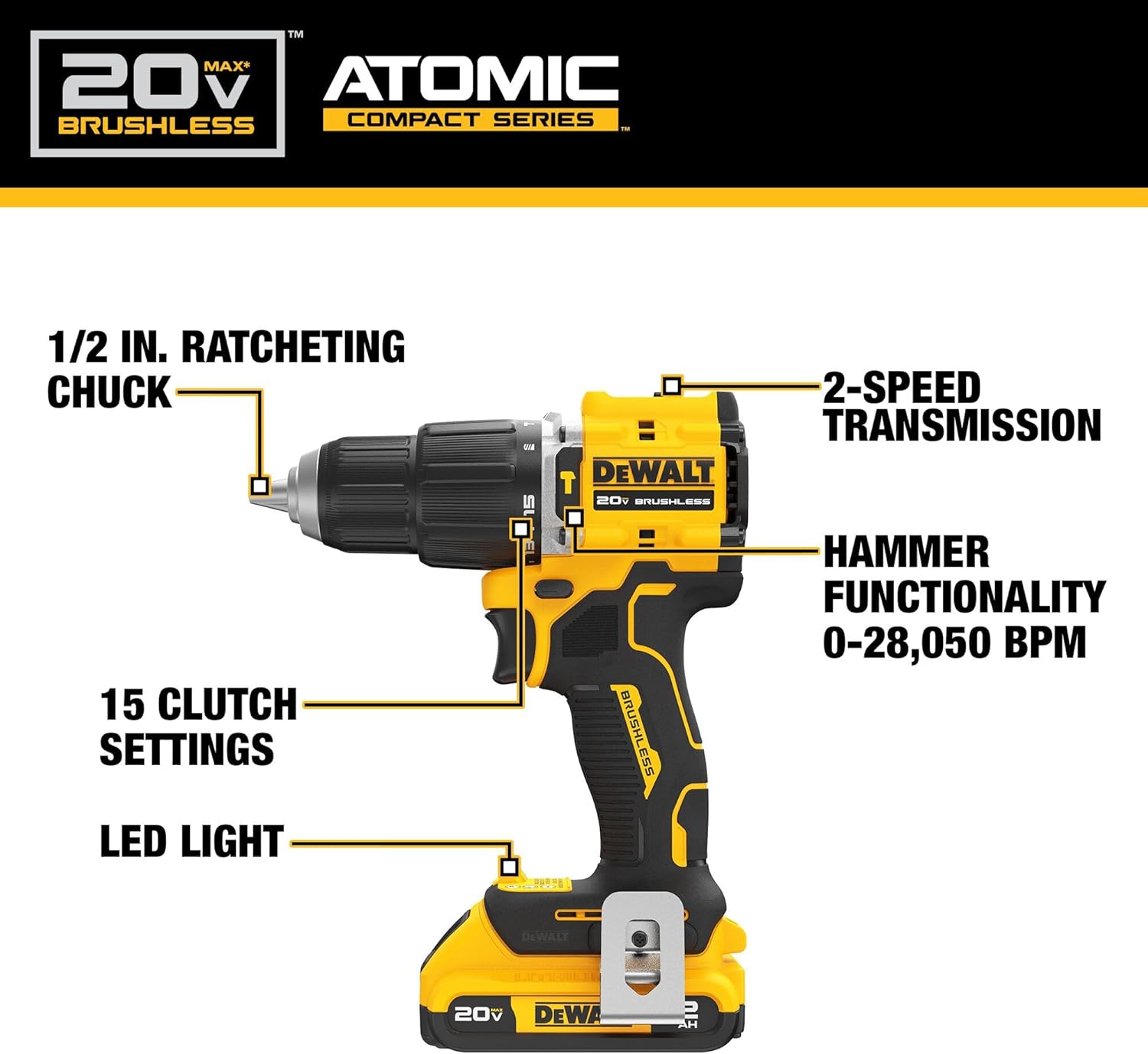 Dewalt DCD799D1 20V MAX ATOMIC COMPACT SERIES Brushless Lithium-Ion 1/2 in. Cordless Hammer Drill Kit (2 Ah)