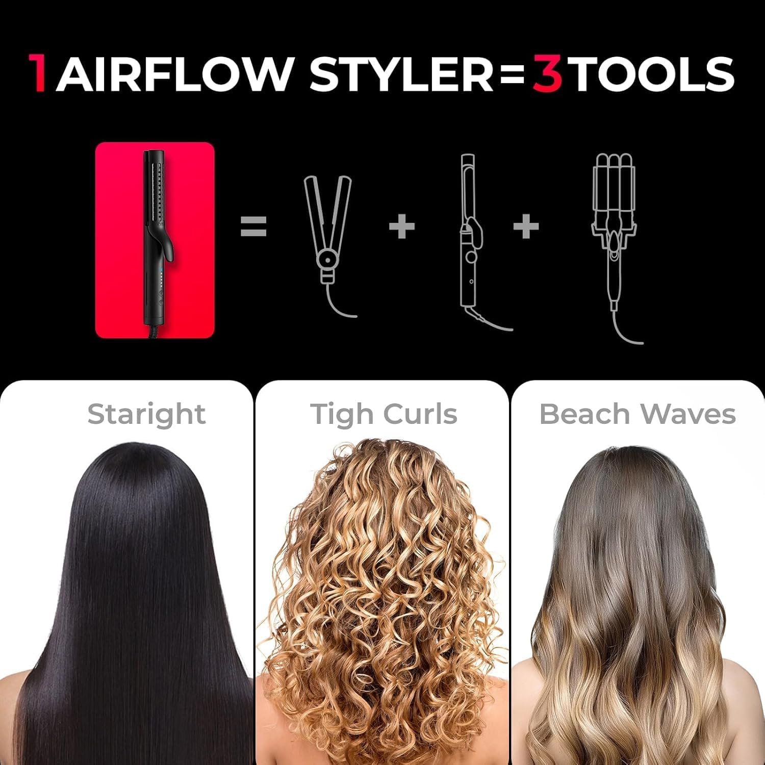 TYMO Airflow Styler 2.0 Curling Iron - Flat Iron Hair Straightener and Curler 2 in 1, 1.25 Inch Ionic Curling Wand, Black