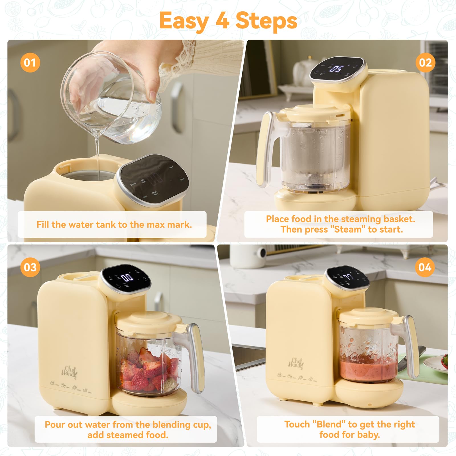 Chefhandy Baby Food Maker, 5 in 1 Baby Food Processor with Steaming Basket, Auto Cooking & Grinding (Yellow)