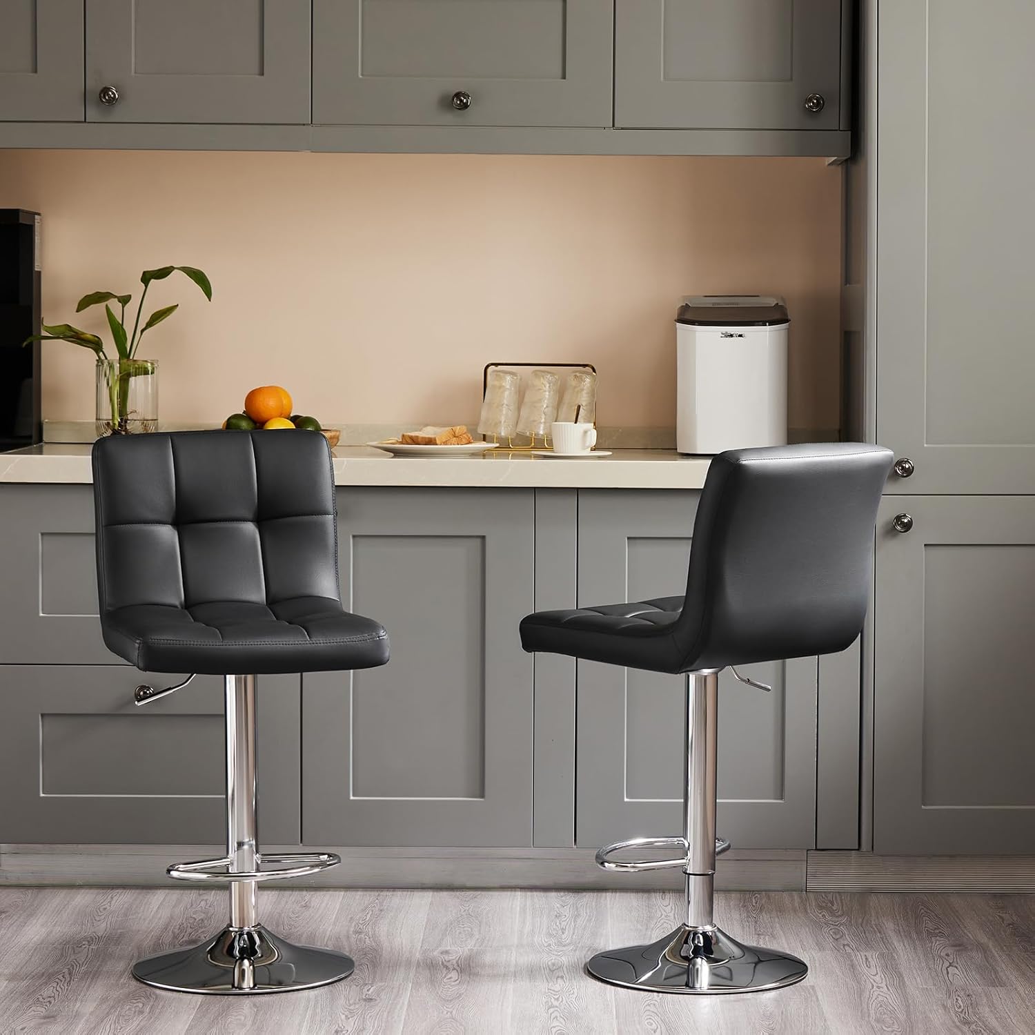 Sweetcrispy Bar Stools Set of 4, PU Leather Adjustable Swivel Barstools, Armless Hydraulic Kitchen Counter Height Bar Stools, Black