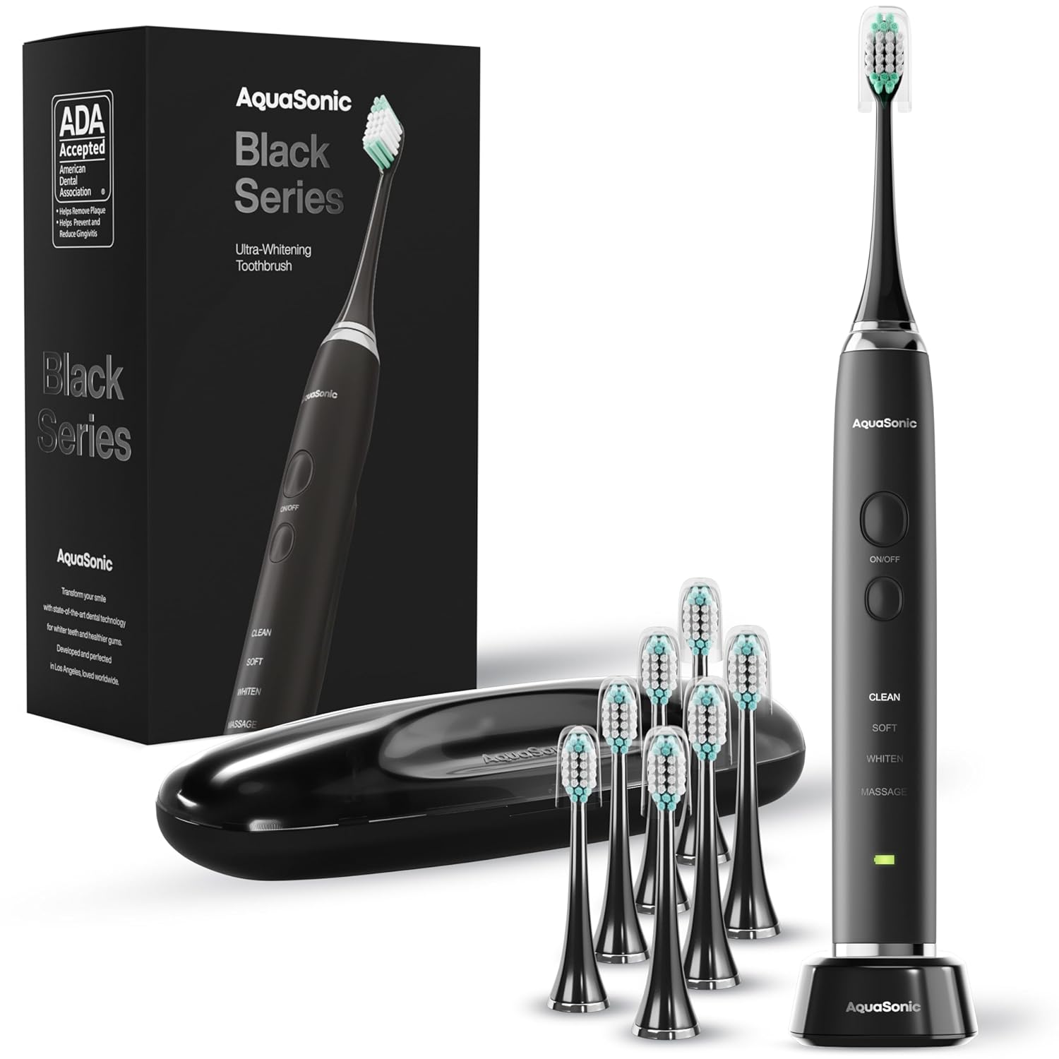 Aquasonic Black Series Ultra Whitening Toothbrush – ADA Accepted Electric Toothbrush- 8 Brush Heads & Travel Case