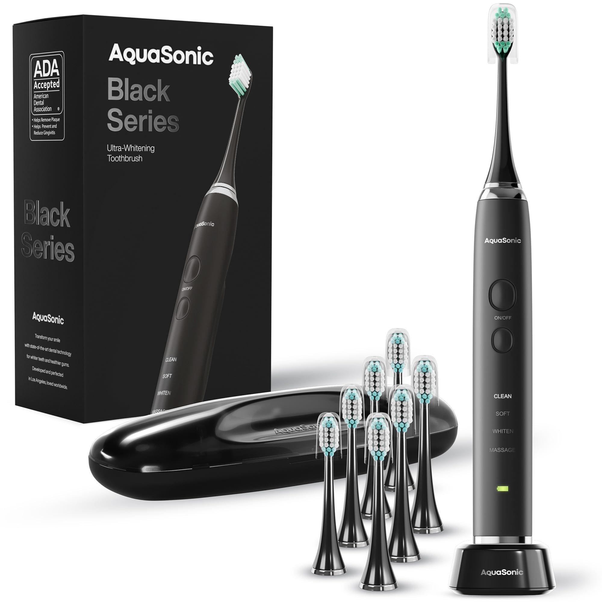 Aquasonic Black Series Ultra Whitening Toothbrush – ADA Accepted Electric Toothbrush- 8 Brush Heads & Travel Case